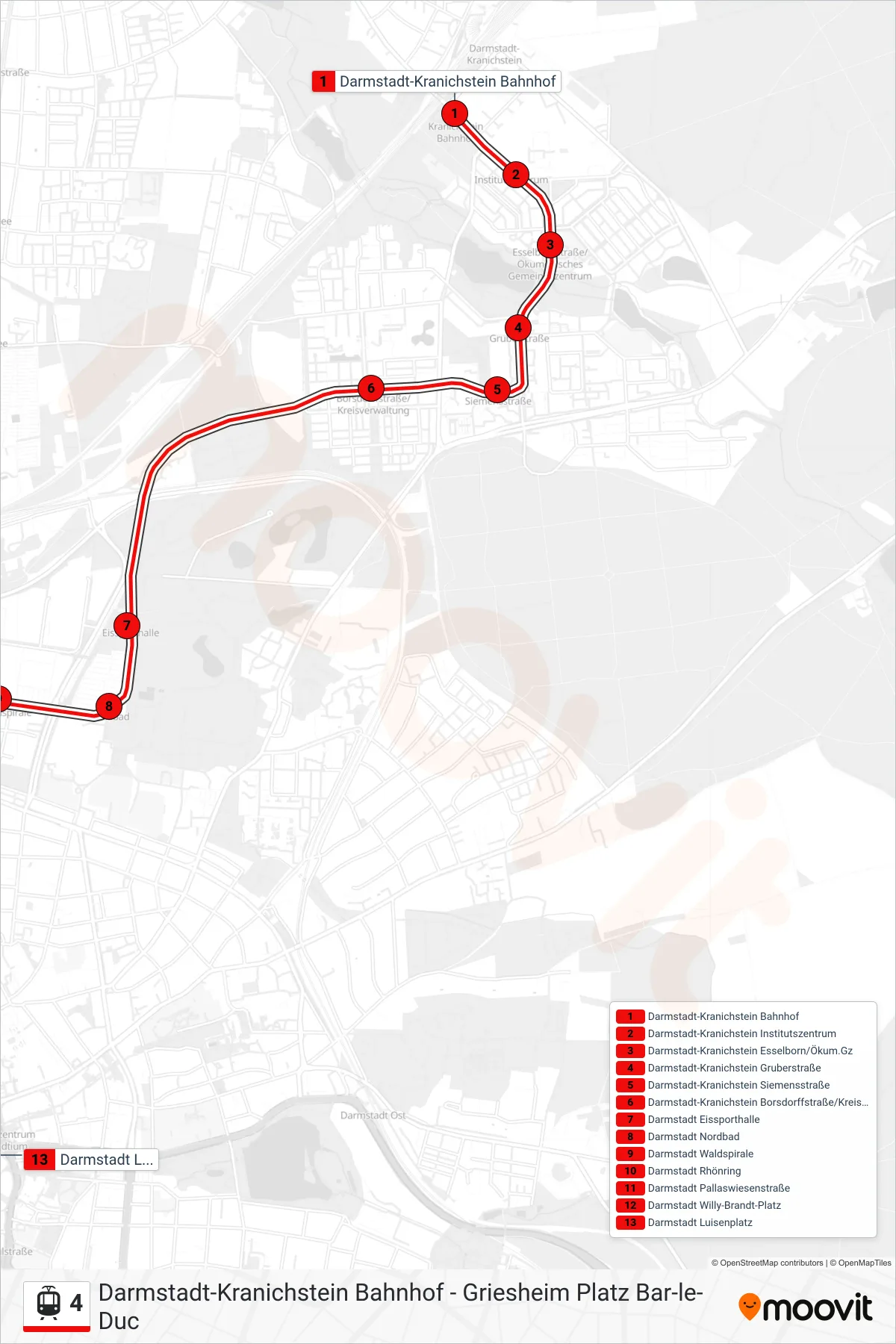 Linie 4 (Straßenbahn) Richtung Darmstadt Luisenplatz: Route und Haltestellen auf der Karte