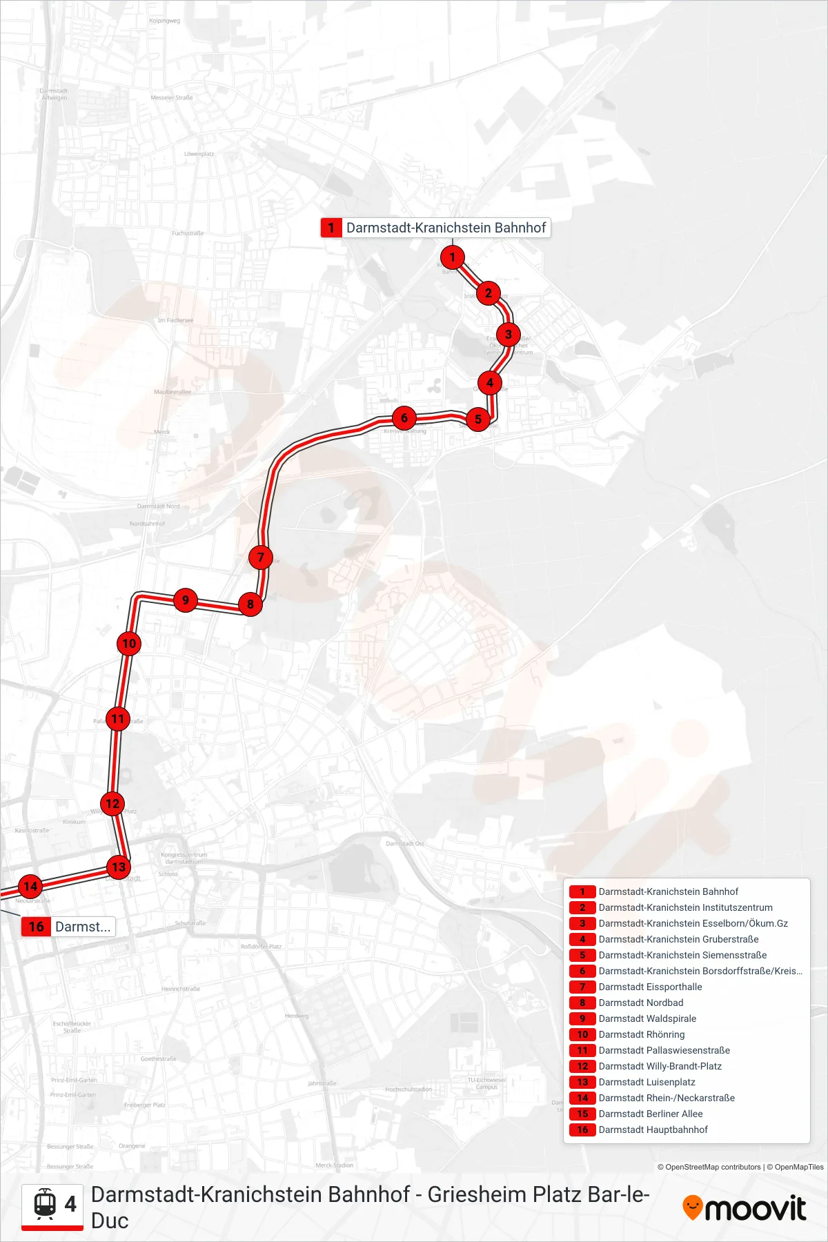Linie 4 (Straßenbahn) Richtung Darmstadt Hauptbahnhof: Route und Haltestellen auf der Karte
