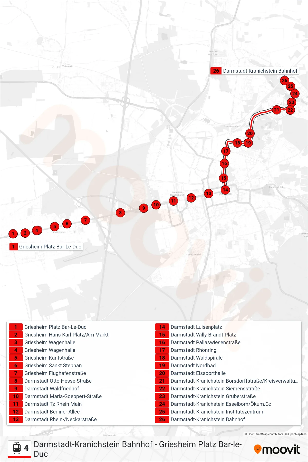 4 tram Line (Darmstadt-Kranichstein Bahnhof) route and stops on a map