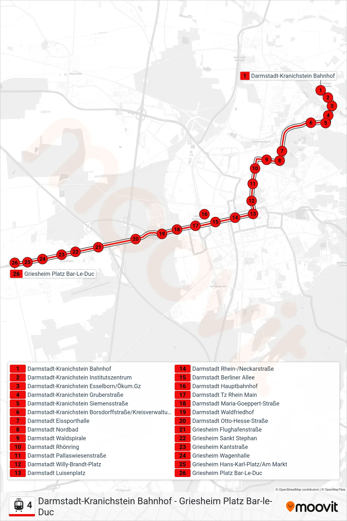 4 tram Line (Griesheim Platz Bar-Le-Duc) route and stops on a map