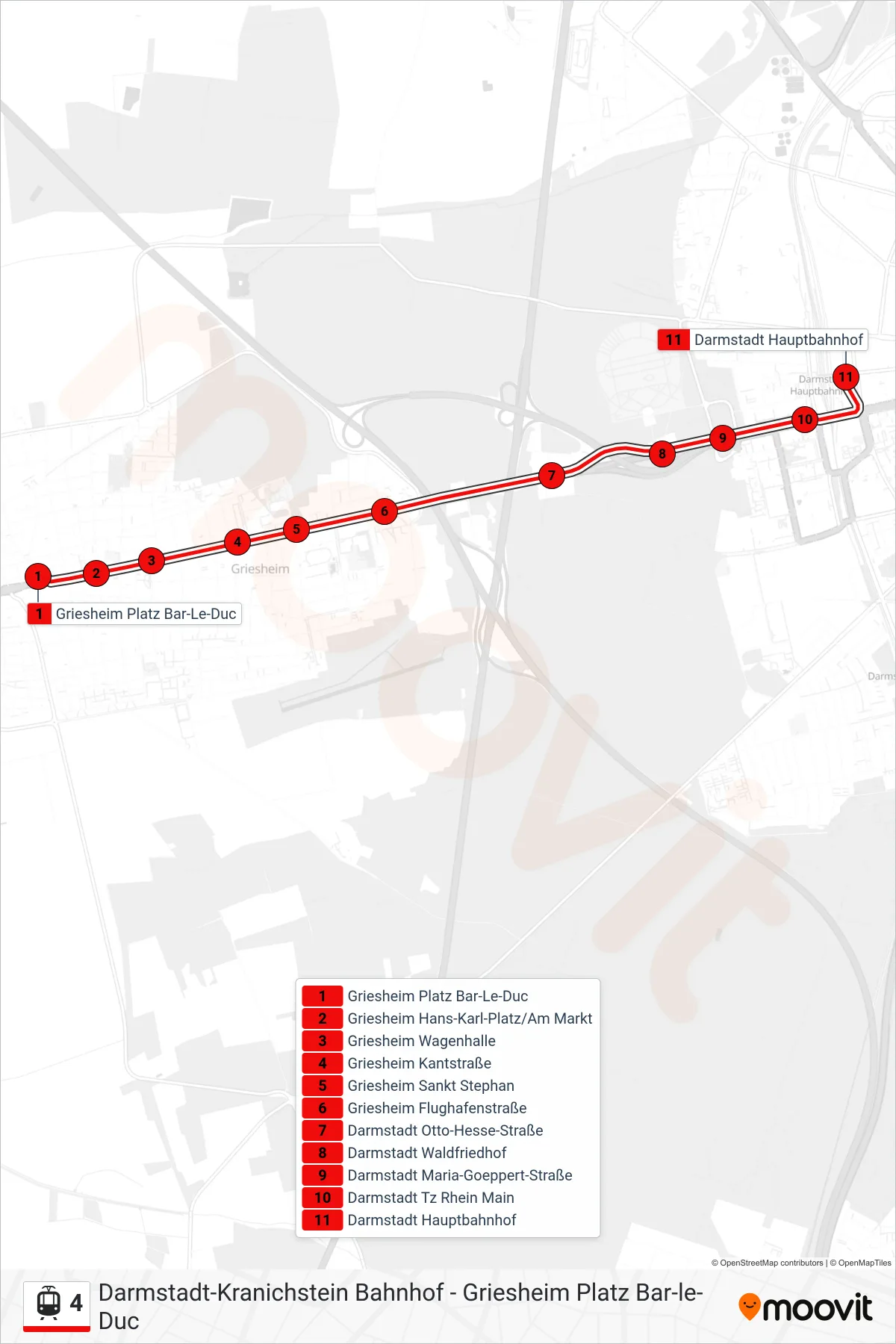 Linie 4 (Tram) Richtung Darmstadt Hauptbahnhof: Route und Haltestellen auf der Karte