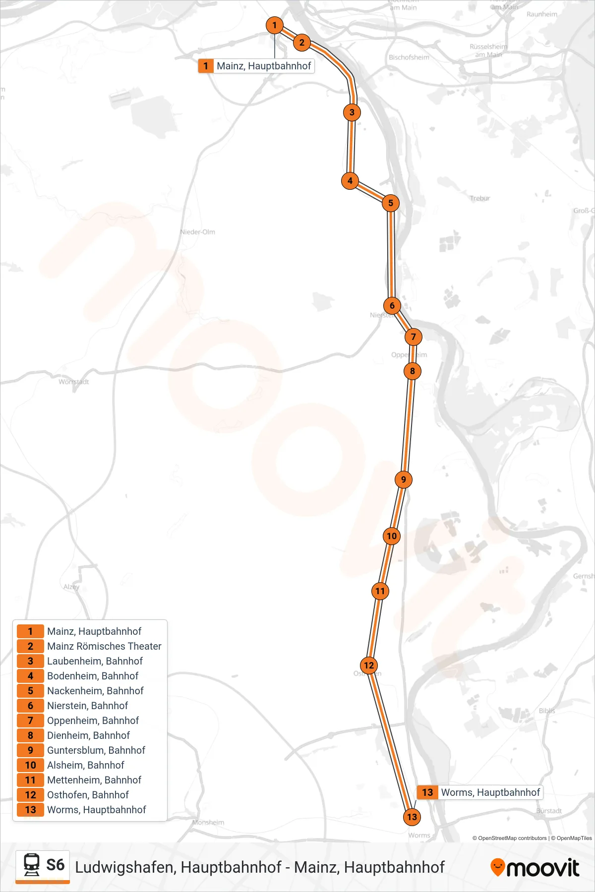 Linie S6 (Bahn) Richtung Worms, Hauptbahnhof: Route und Haltestellen auf der Karte