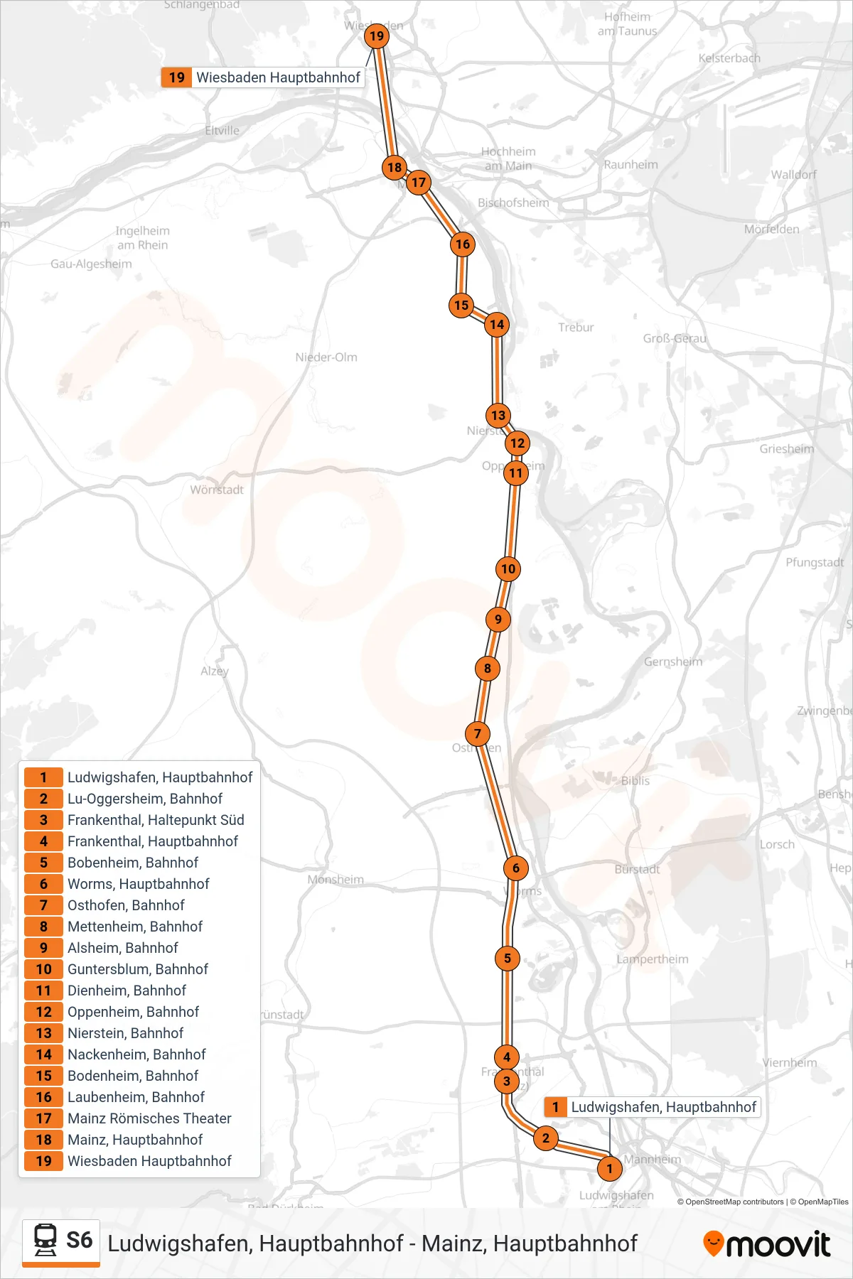 Linie S6 (Bahn) Richtung Wiesbaden Hauptbahnhof: Route und Haltestellen auf der Karte