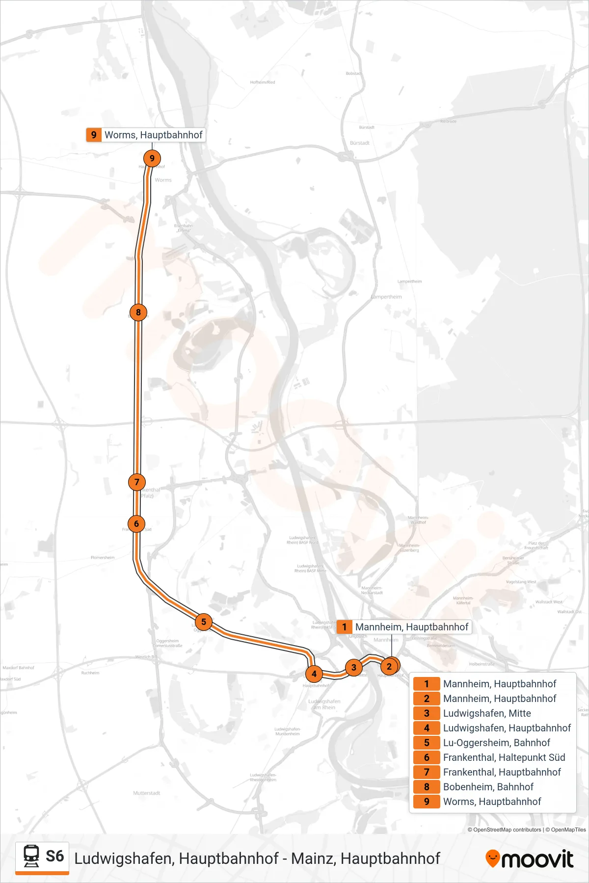 S6 train Line (Worms, Hauptbahnhof) route and stops on a map