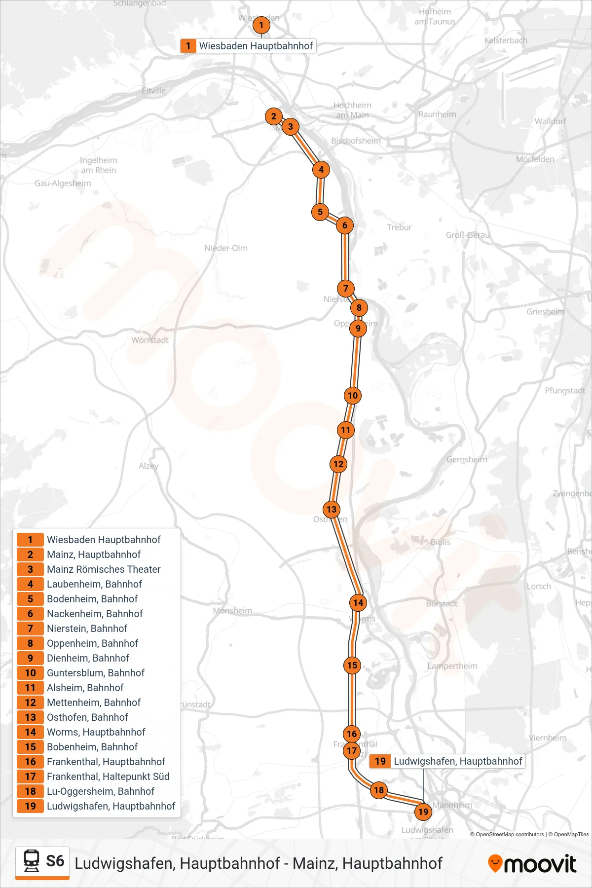 Linie S6 (Bahn) Richtung Ludwigshafen, Hauptbahnhof: Route und Haltestellen auf der Karte