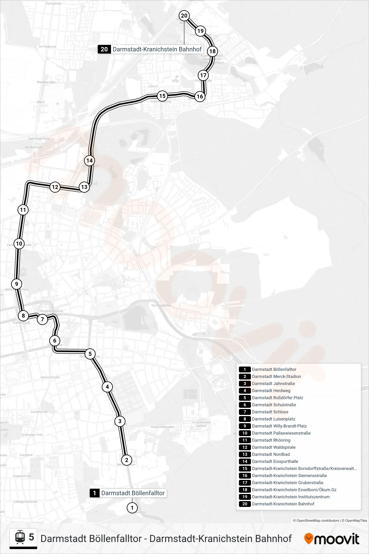 Linie 5 (Tram) Richtung Darmstadt-Kranichstein Bahnhof: Route und Haltestellen auf der Karte