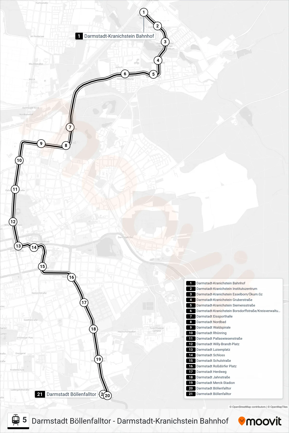 Linie 5 (Tram) Richtung Darmstadt Böllenfalltor: Route und Haltestellen auf der Karte