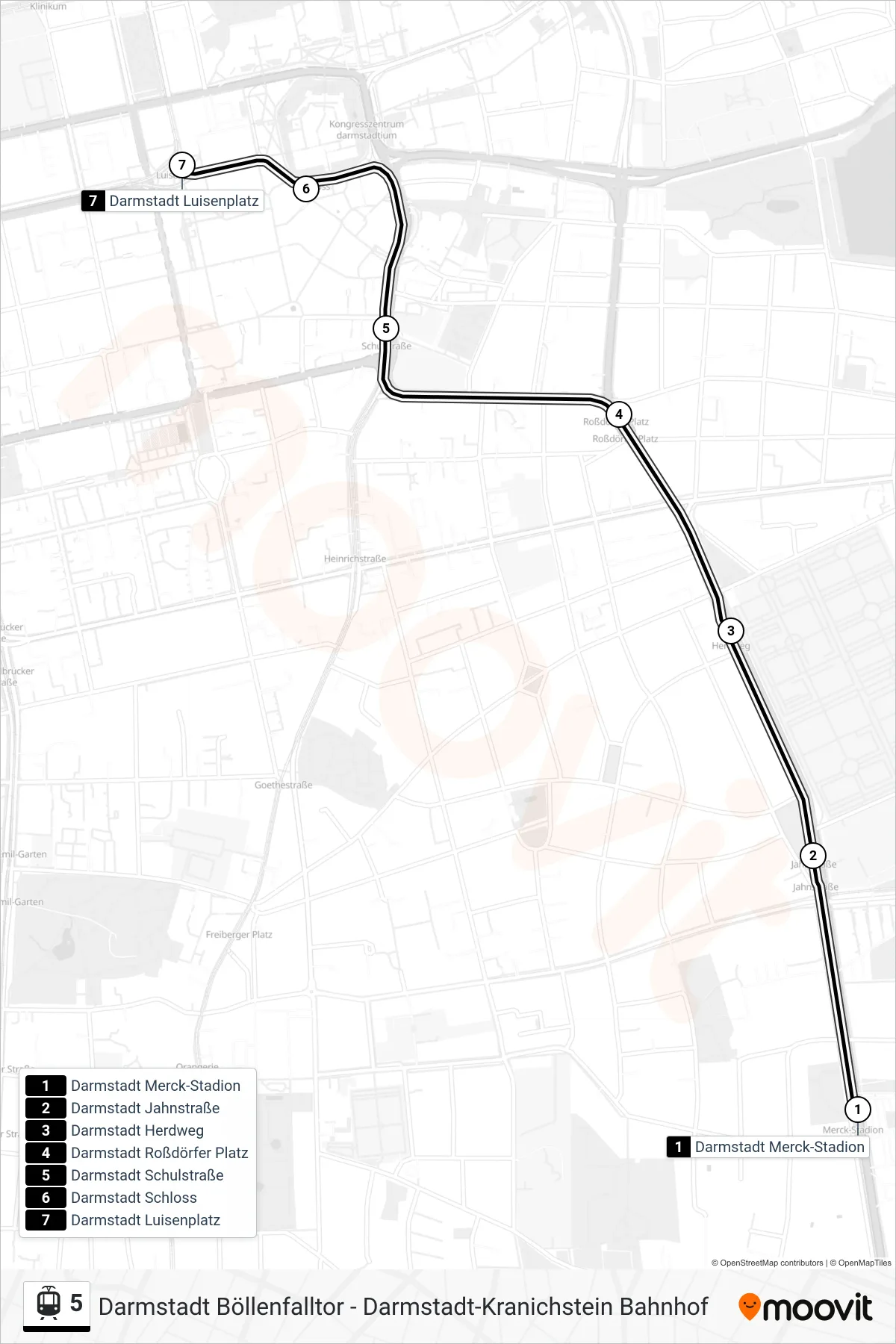 Linie 5 (Tram) Richtung Darmstadt Luisenplatz: Route und Haltestellen auf der Karte
