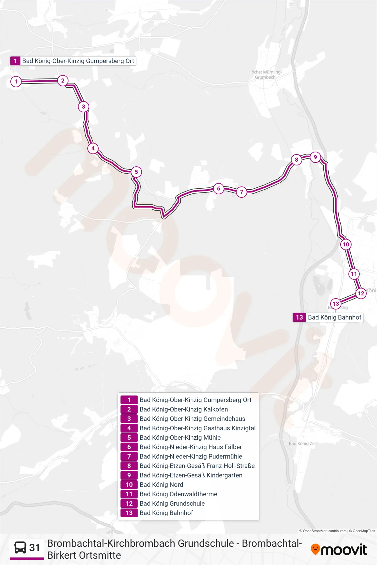 31 bus Line (Bad König) route and stops on a map