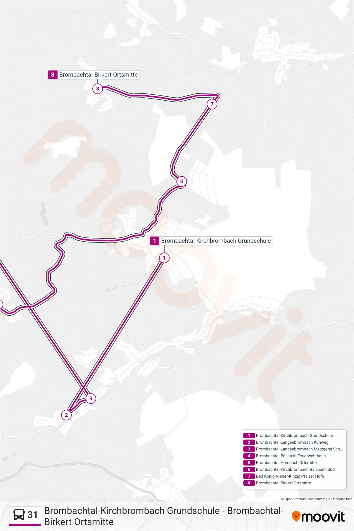 31 bus Line (Birkert) route and stops on a map