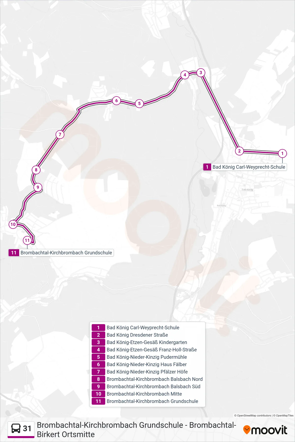 31 bus Line (Kirchbrombach) route and stops on a map