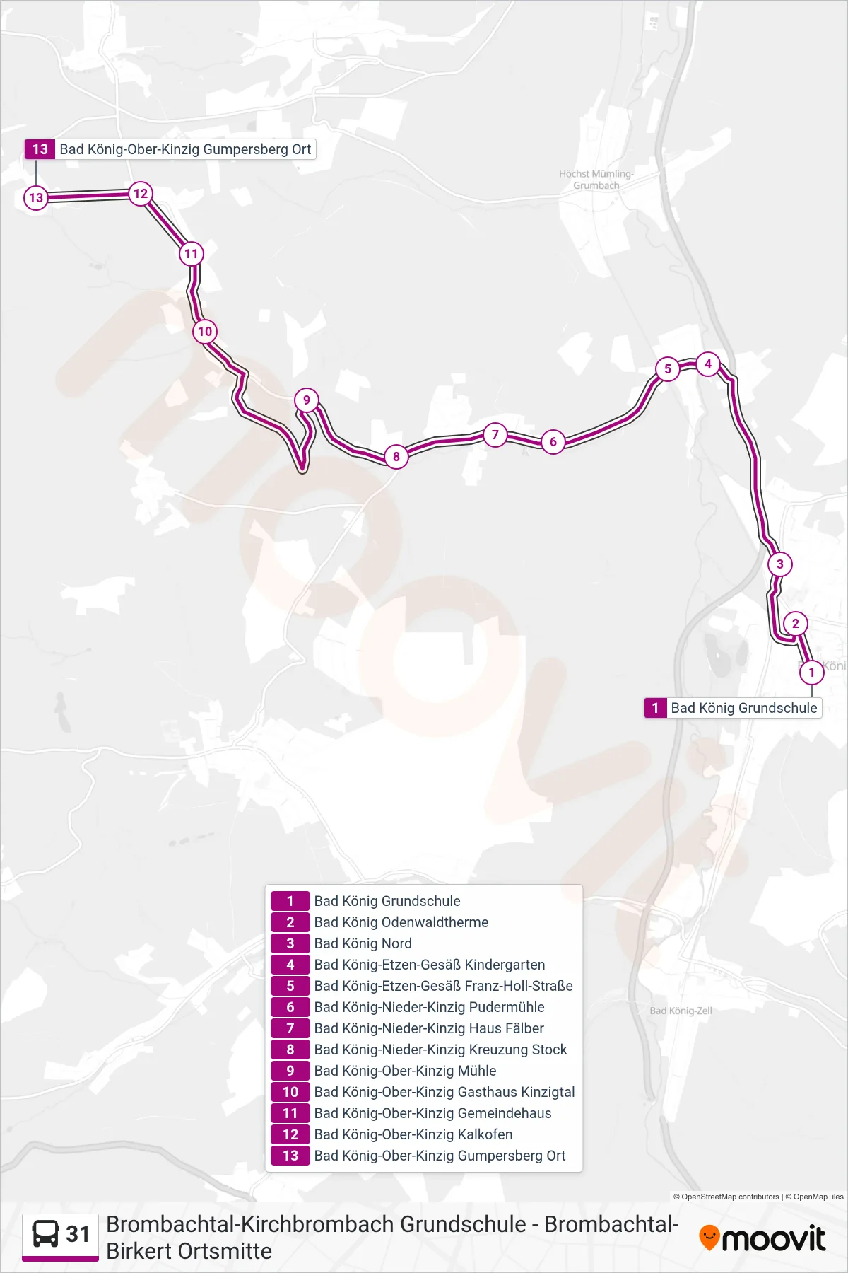 31 bus Line (Gumpersberg) route and stops on a map