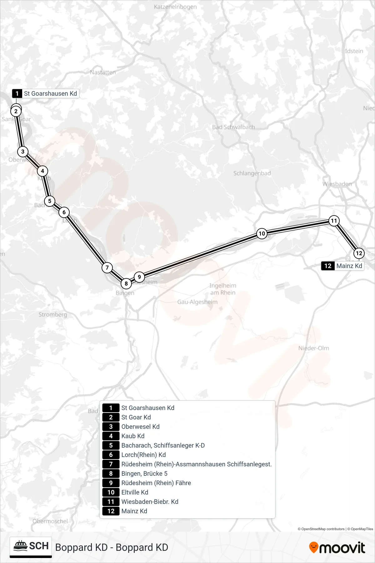 SCH ferry Line (Mainz Kd) route and stops on a map