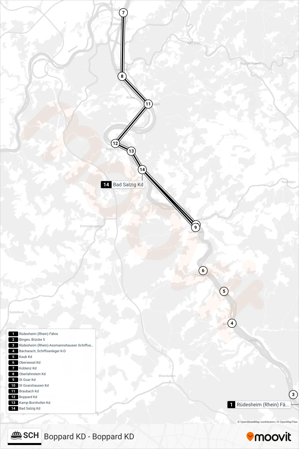 Linie SCH (Fähre) Richtung Koblenz Kd: Route und Haltestellen auf der Karte