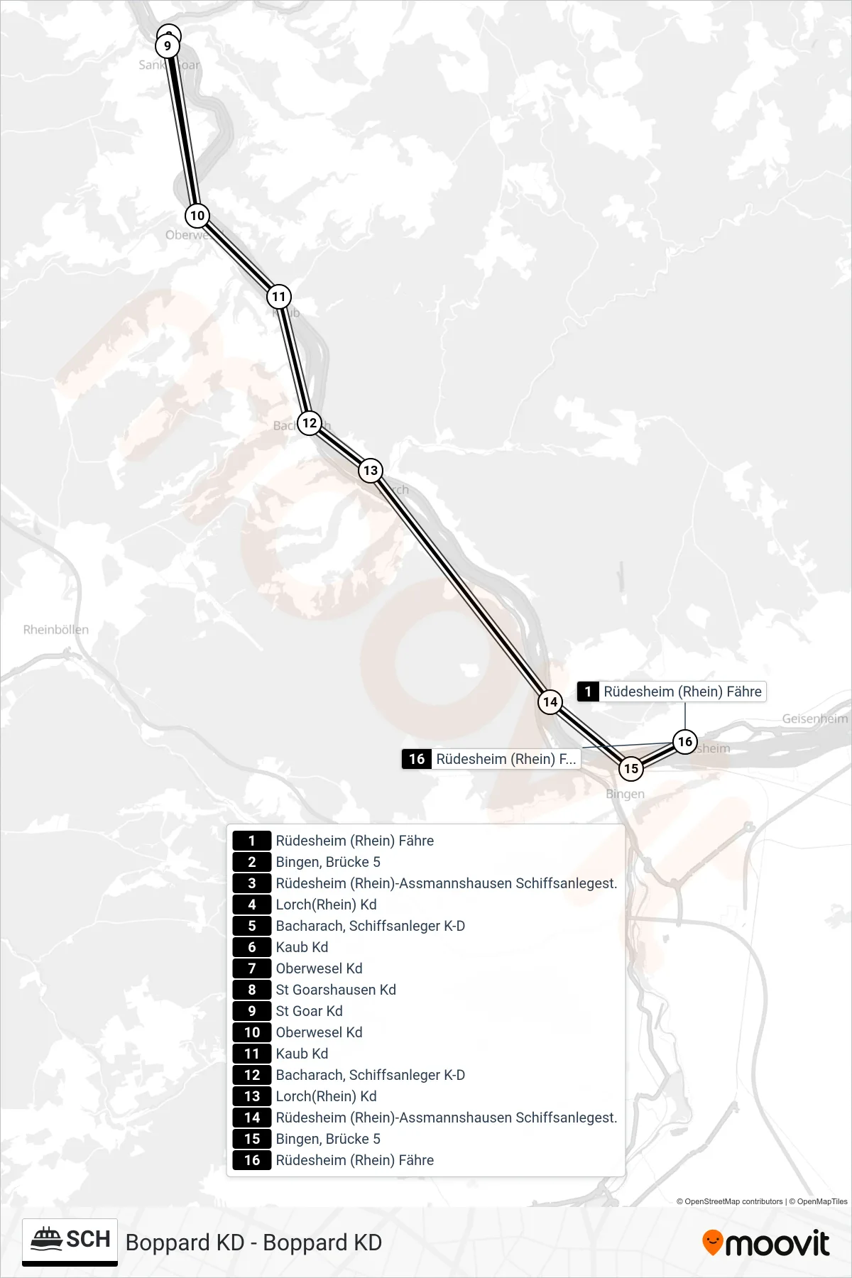 SCH ferry Line (Rüdesheim (Rhein) Fähre) route and stops on a map