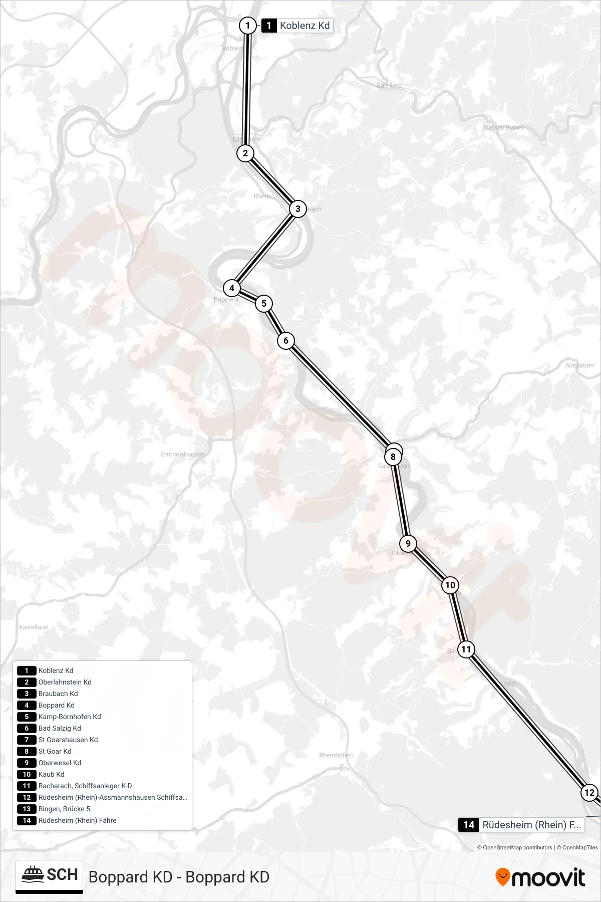 SCH ferry Line (Rüdesheim (Rhein) Fähre) route and stops on a map