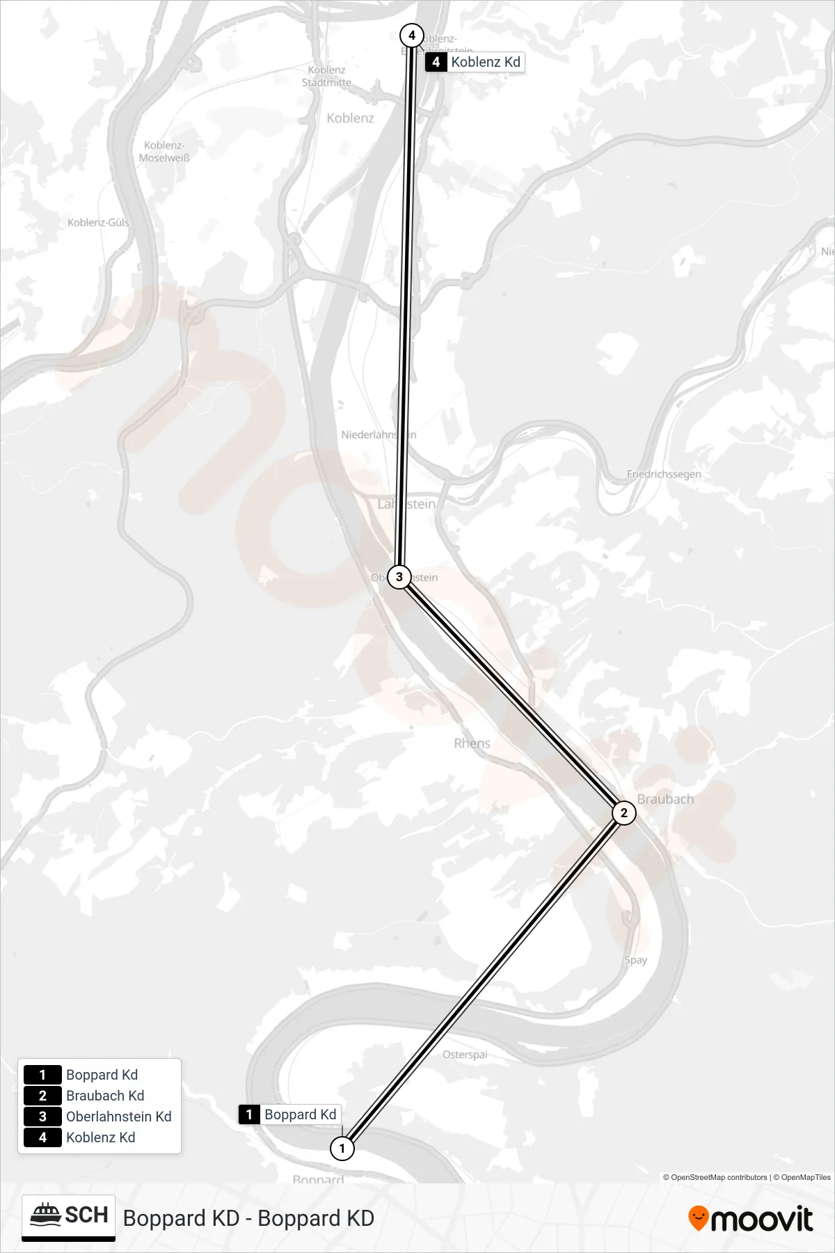 SCH ferry Line (Koblenz Kd) route and stops on a map