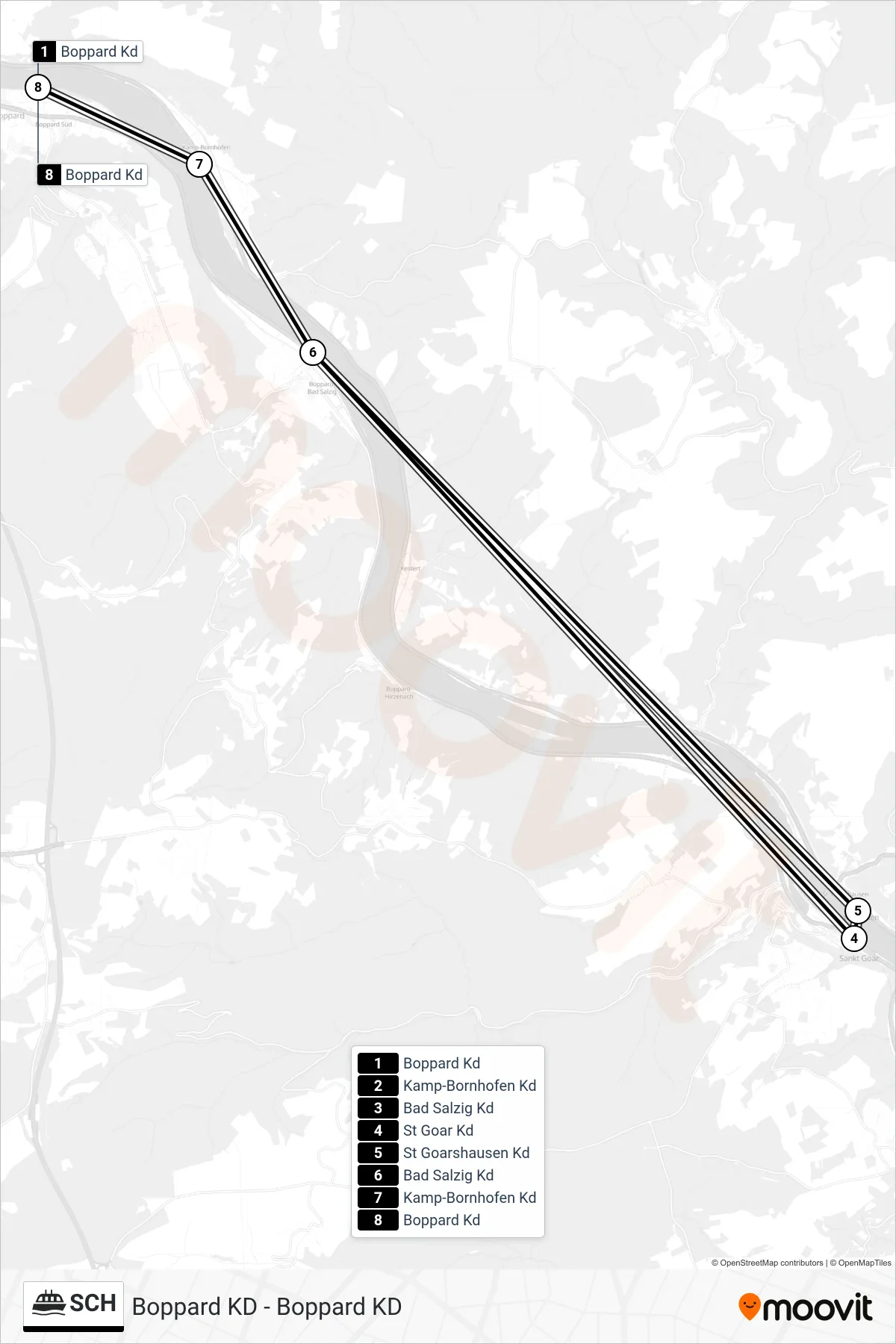 SCH ferry Line (Boppard Kd) route and stops on a map