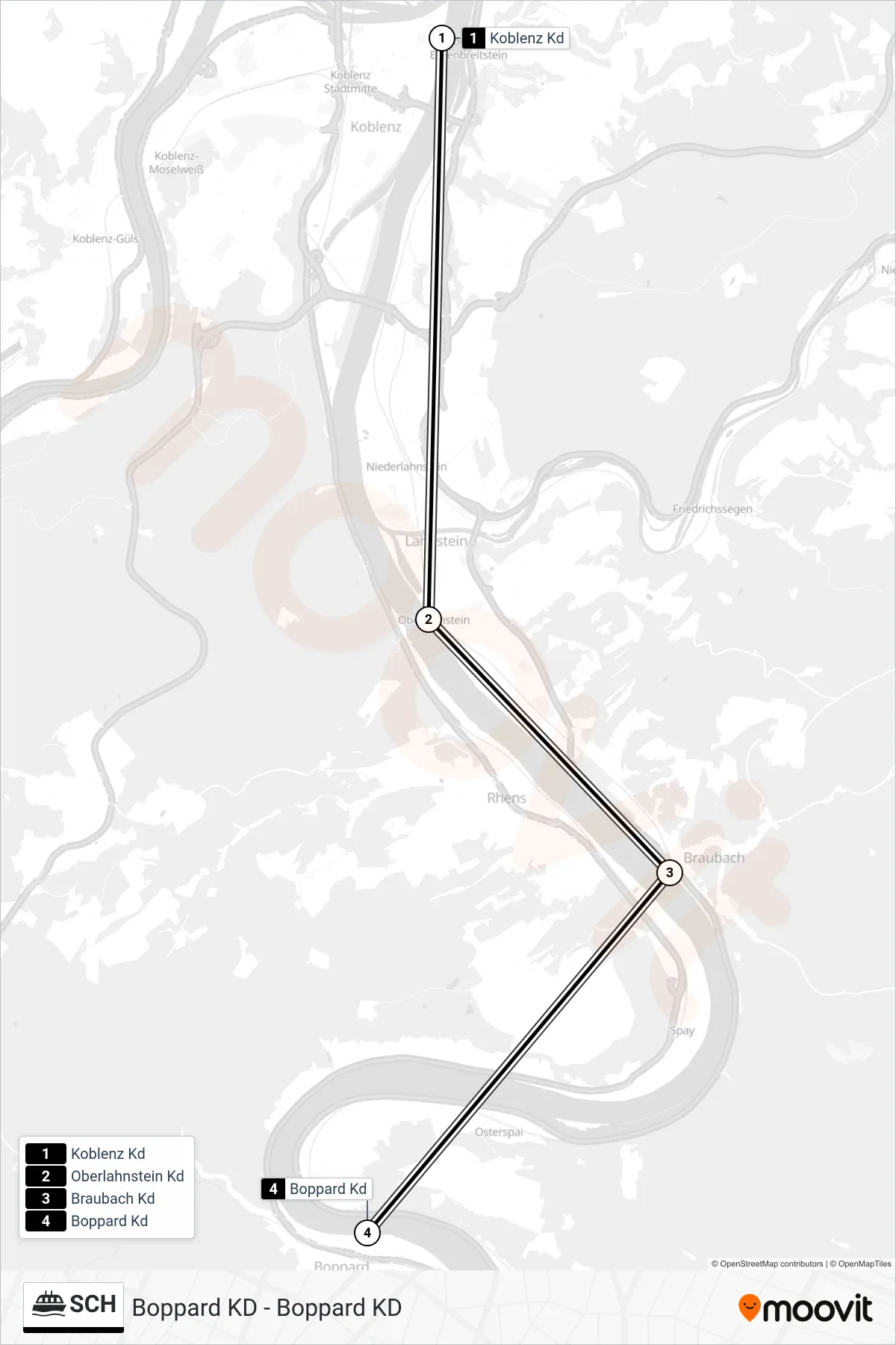 SCH ferry Line (Boppard Kd) route and stops on a map