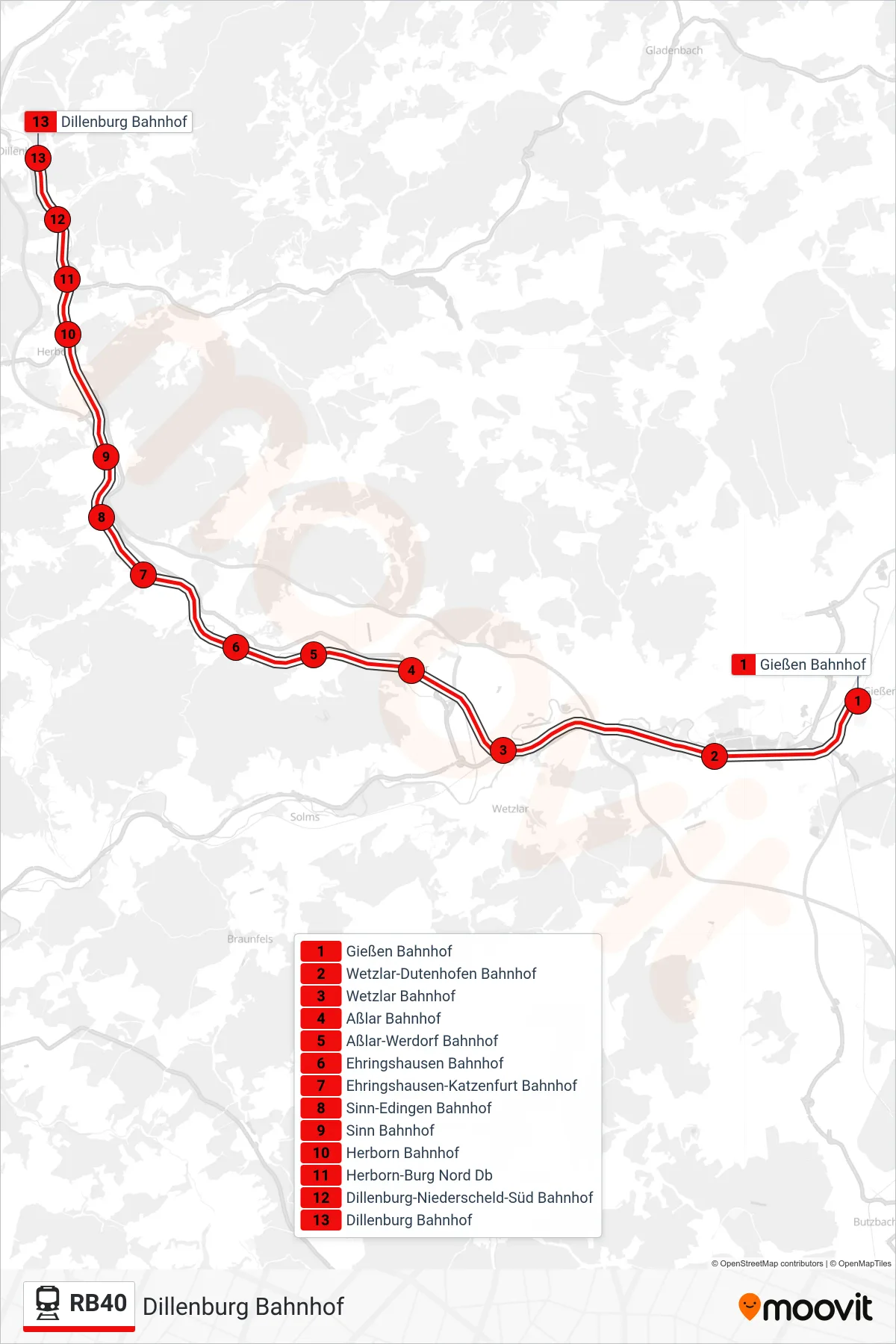 RB40 train Line (Dillenburg Bahnhof) route and stops on a map
