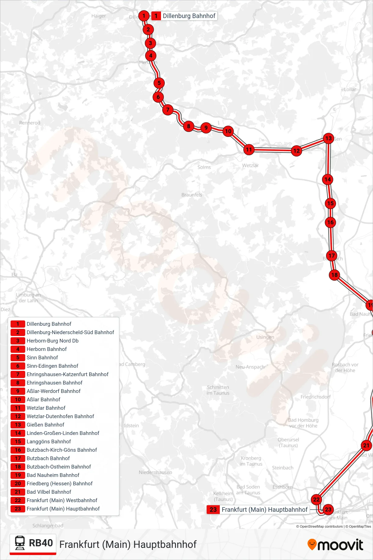 RB40 rail Line (Frankfurt (Main) Hauptbahnhof) route and stops on a map