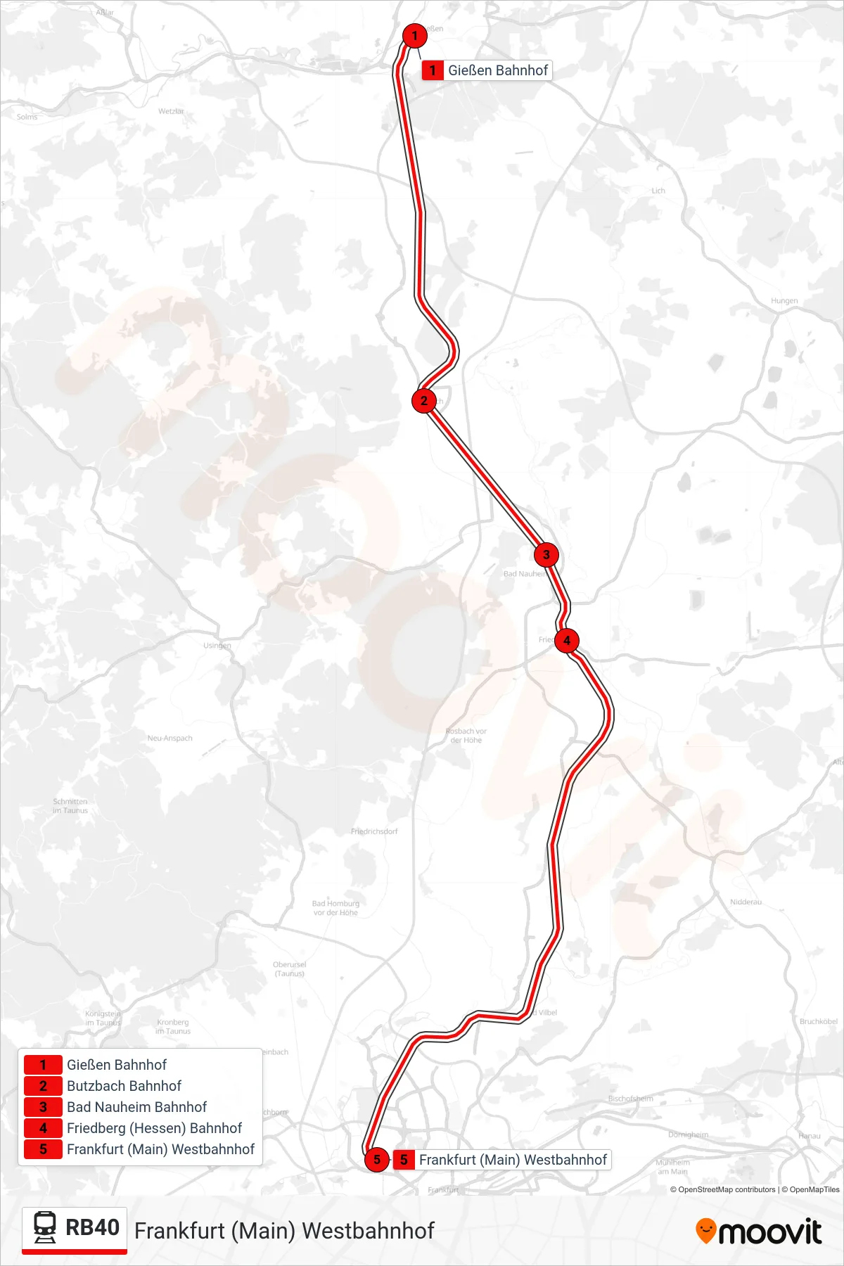 Linie RB40 (Bahn) Richtung Frankfurt (Main) Westbahnhof: Route und Haltestellen auf der Karte