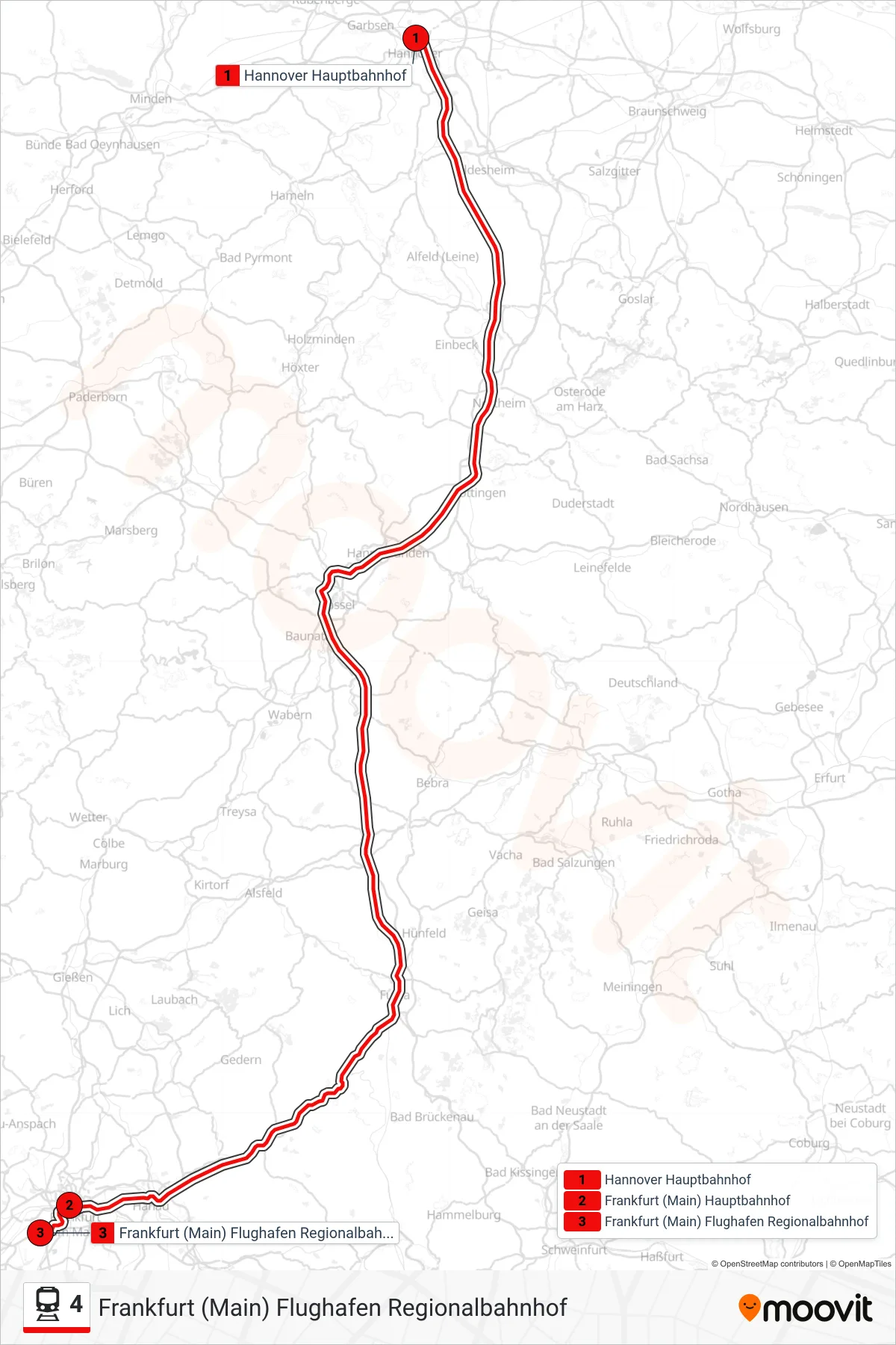 4 train Line (Frankfurt (Main) Flughafen Regionalbahnhof) route and stops on a map