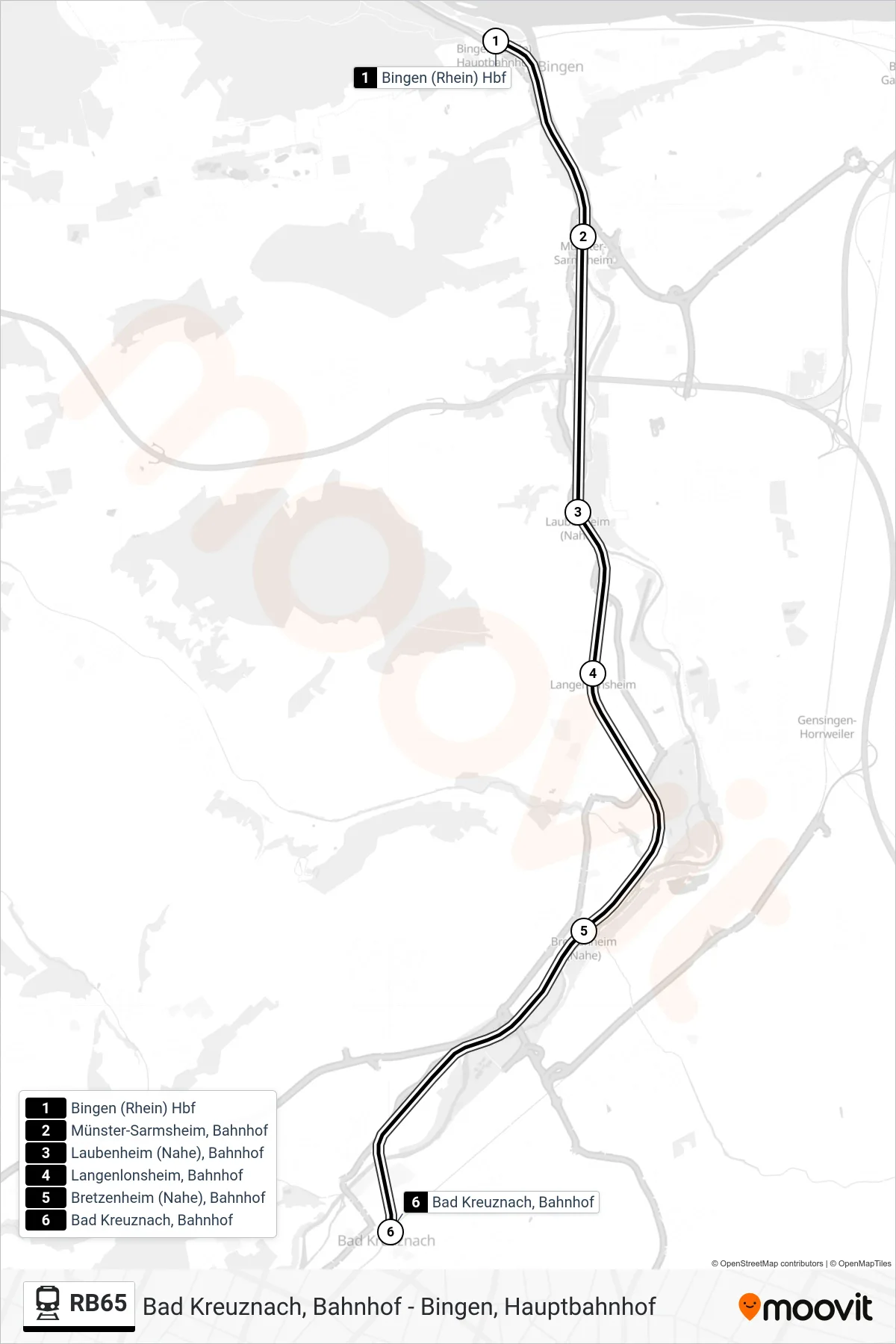 RB65 train Line (Bad Kreuznach, Bahnhof) route and stops on a map