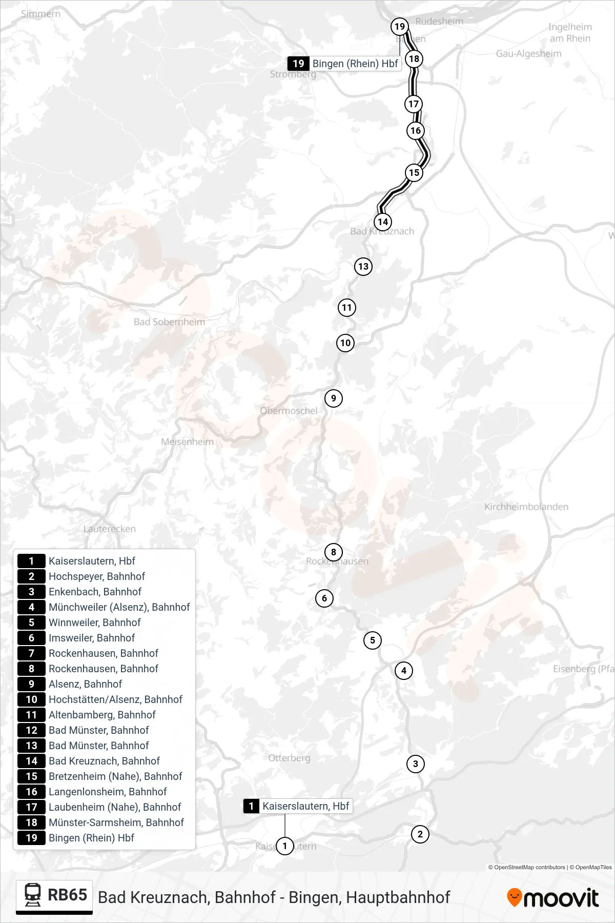 Linie RB65 (Bahn) Richtung Bingen, Hauptbahnhof: Route und Haltestellen auf der Karte