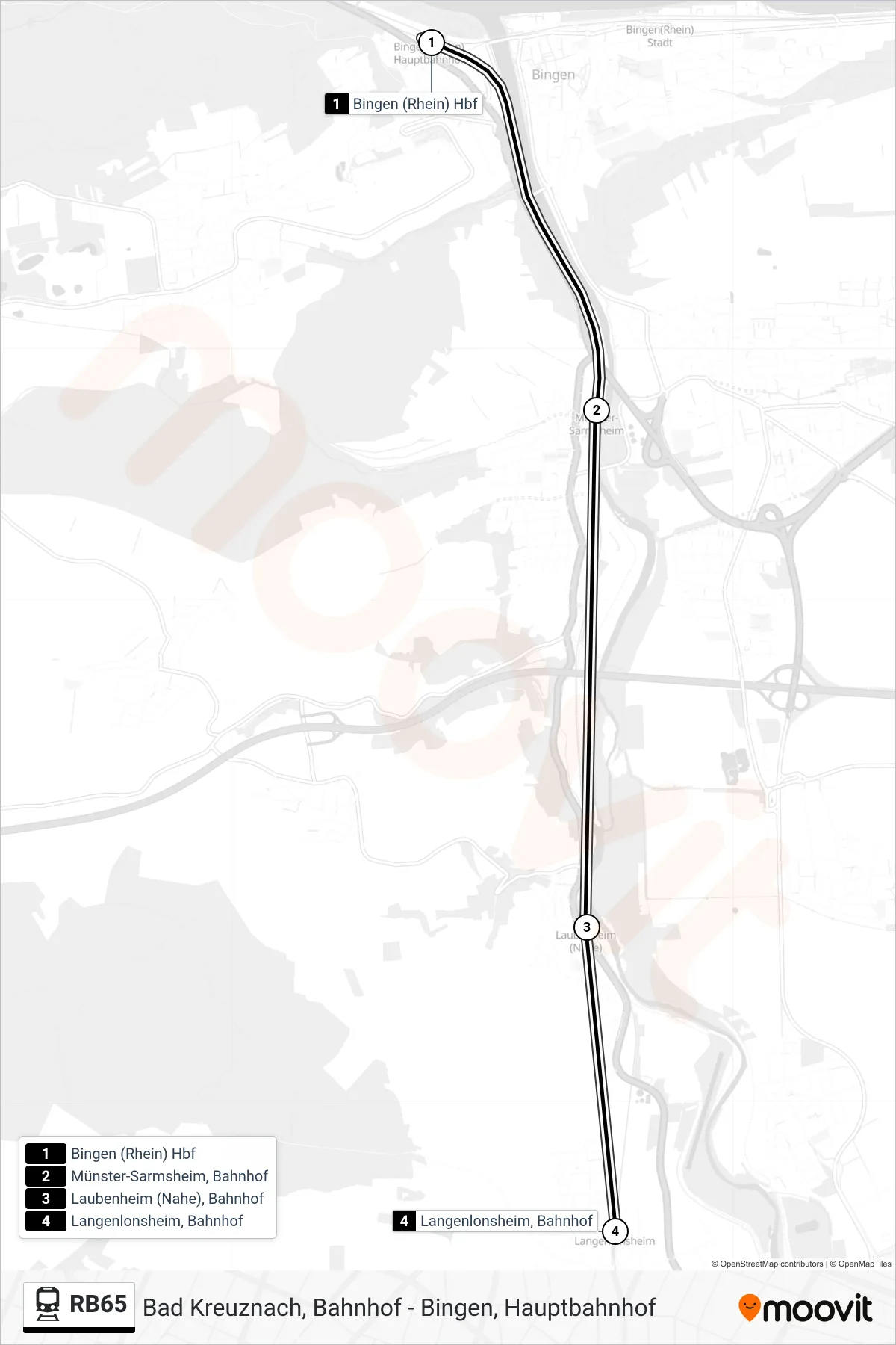 RB65 train Line (Langenlonsheim, Bahnhof) route and stops on a map