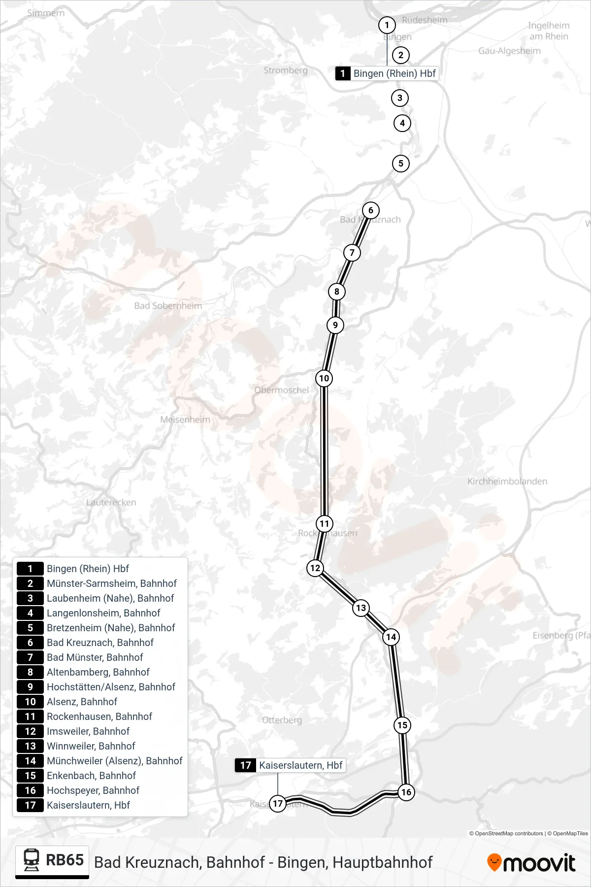 RB65 rail Line (Kaiserslautern, Hbf) route and stops on a map