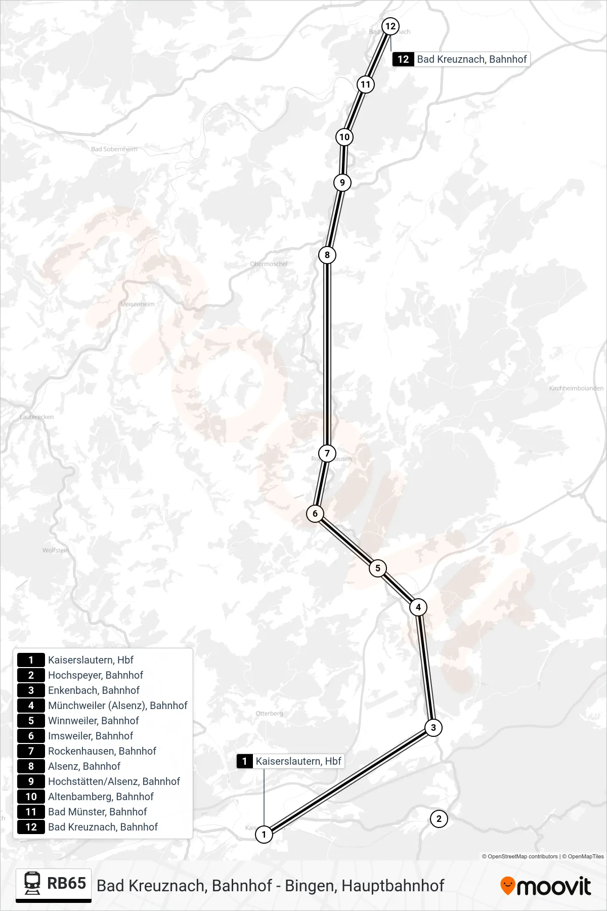 RB65 rail Line (Bad Kreuznach, Bahnhof) route and stops on a map