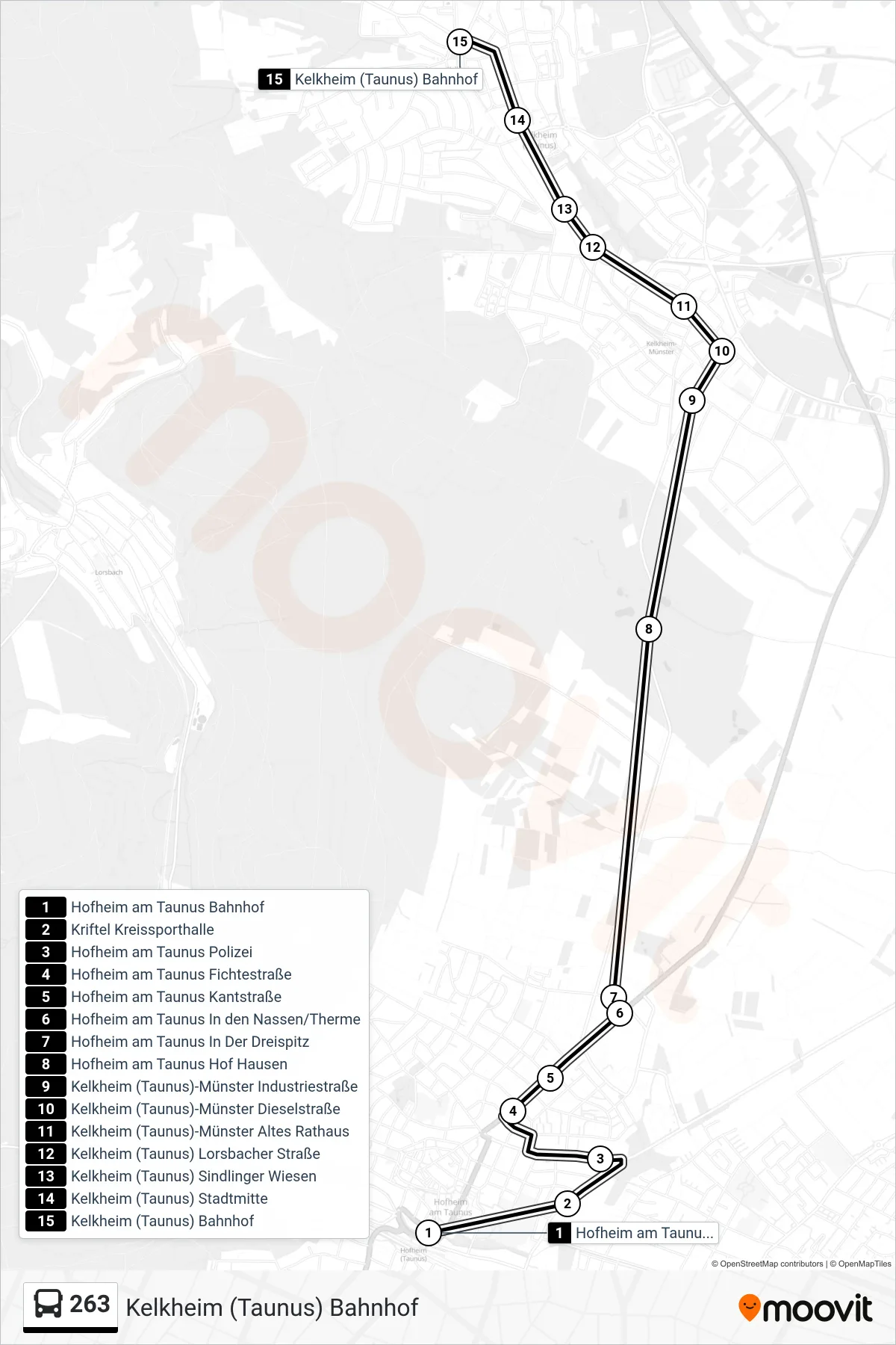 Linie 263 (Bus) Richtung Kelkheim (Taunus) Bahnhof: Route und Haltestellen auf der Karte
