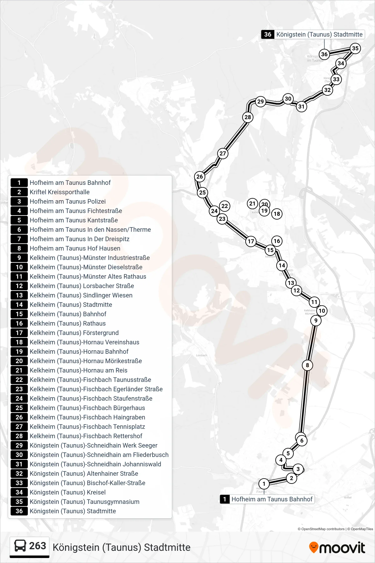 263 bus Line (Königstein (Taunus) Stadtmitte) route and stops on a map