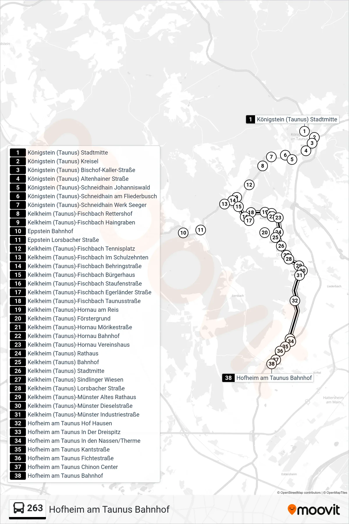 263 bus Line (Hofheim am Taunus Bahnhof) route and stops on a map