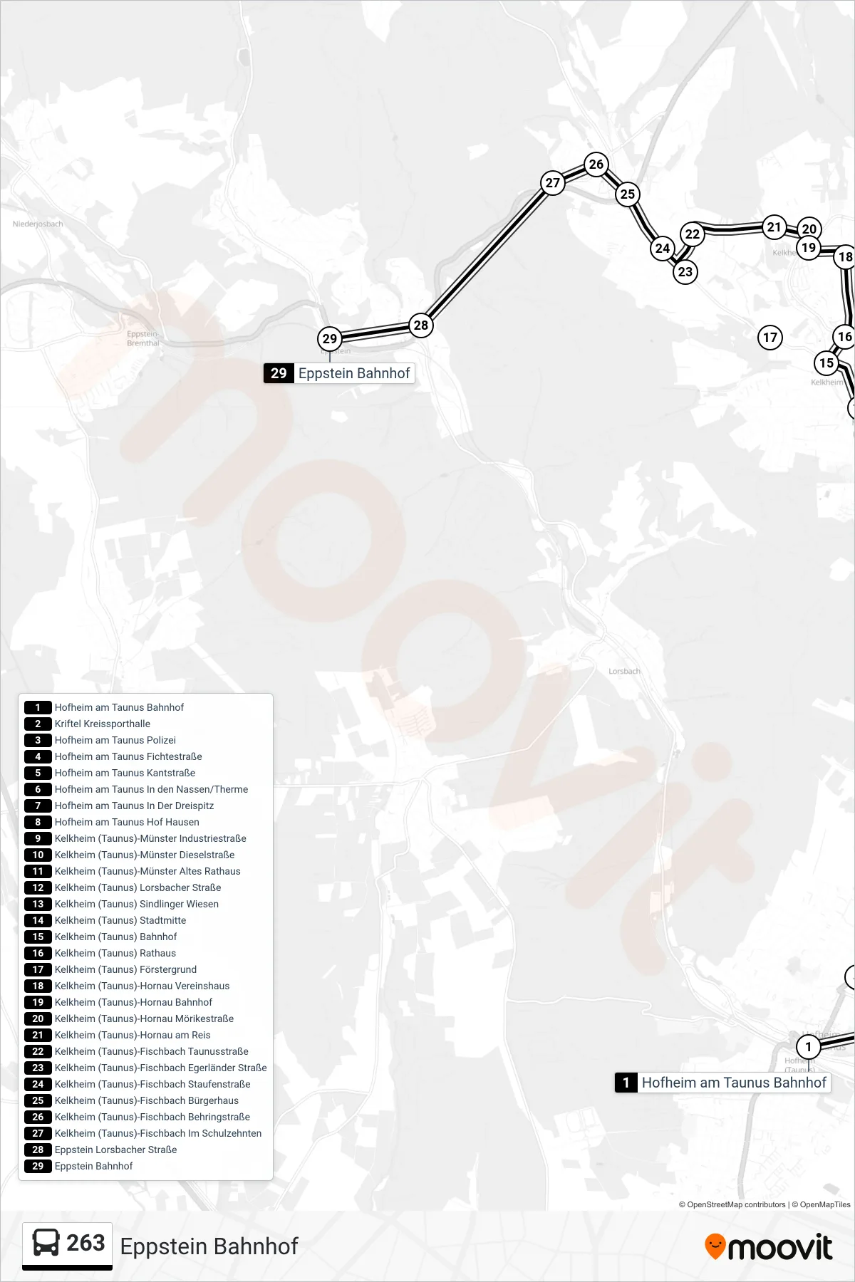 263 bus Line (Eppstein Bahnhof) route and stops on a map