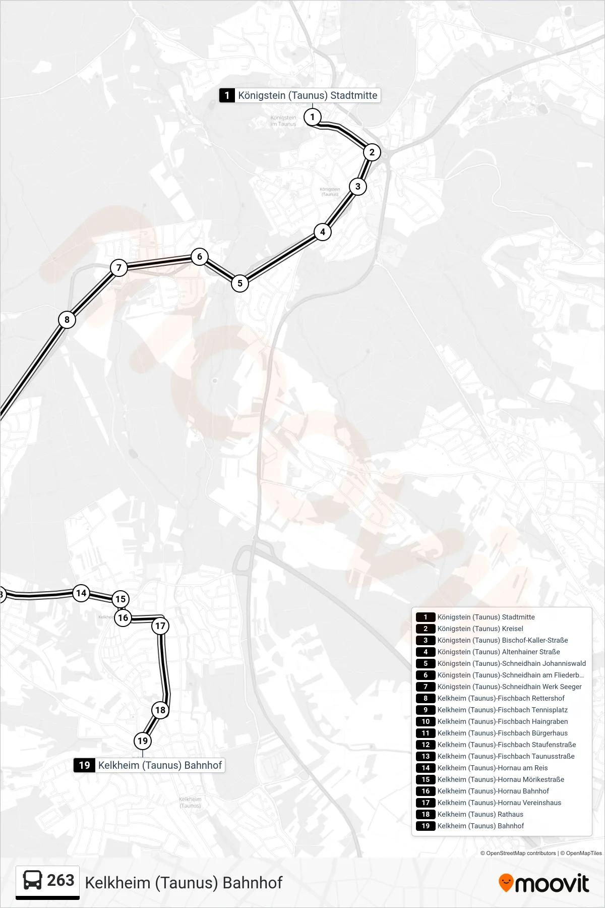 263 bus Line (Kelkheim (Taunus) Bahnhof) route and stops on a map