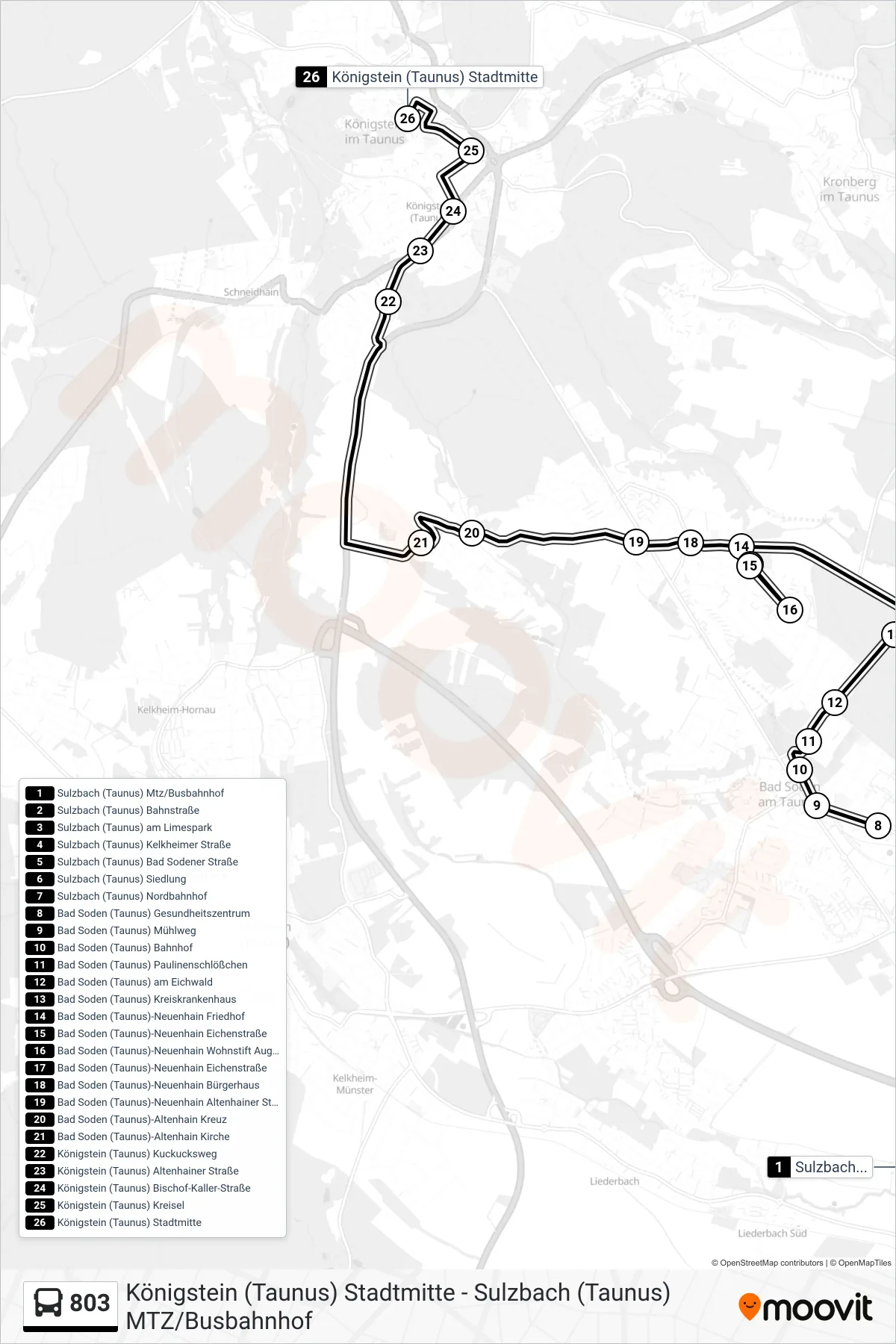 803 bus Line (Königstein (Taunus) Stadtmitte) route and stops on a map