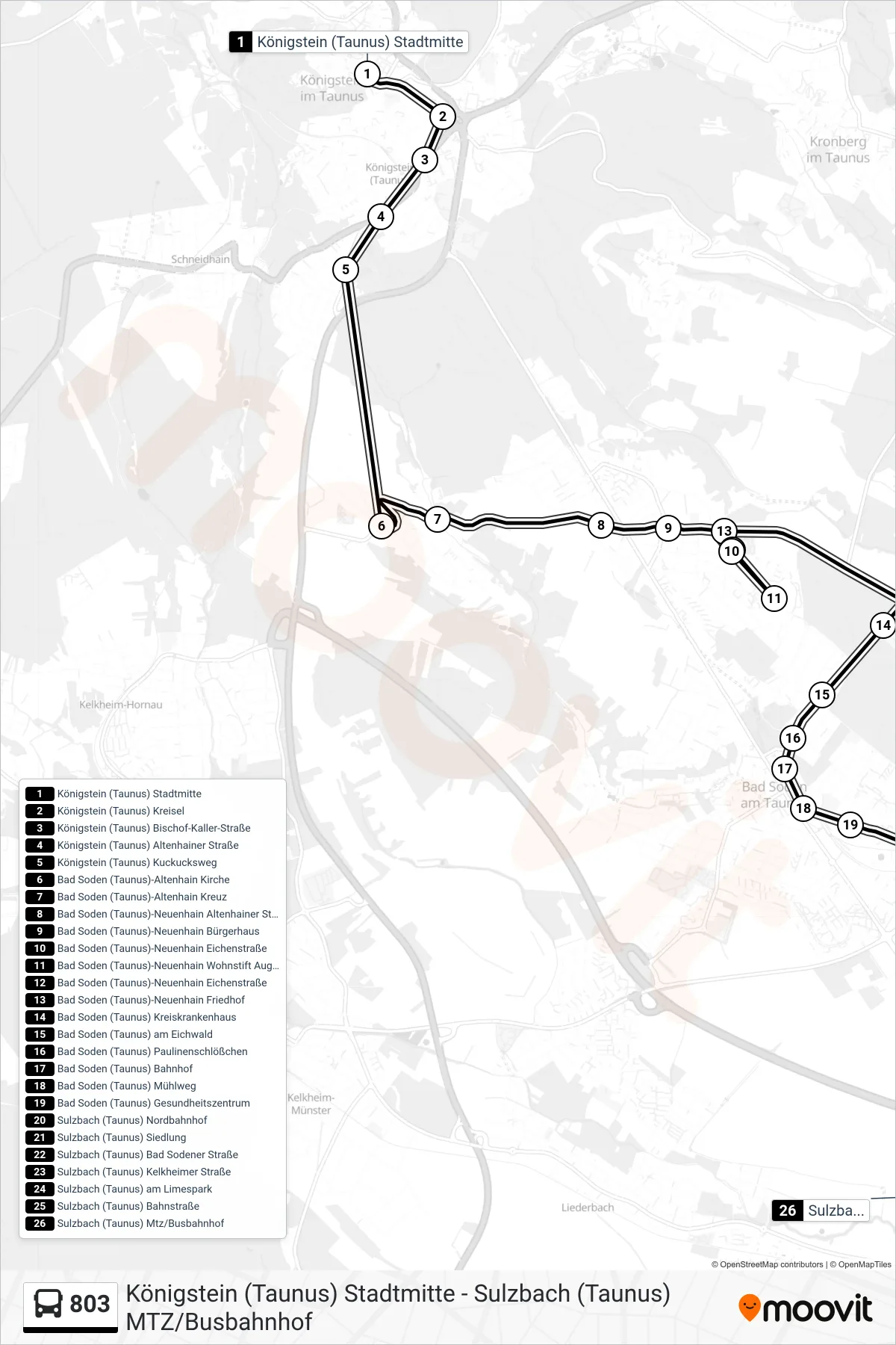 803 bus Line (Sulzbach (Taunus) Mtz/Busbahnhof) route and stops on a map