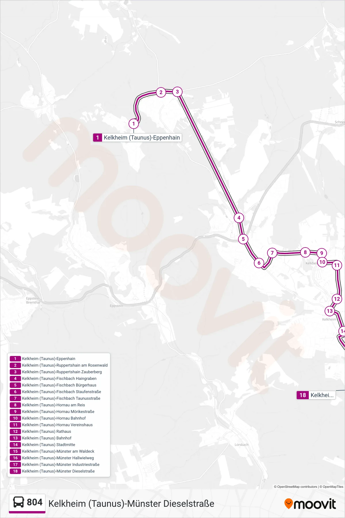 804 bus Line (Kelkheim (Taunus)-Münster Dieselstraße) route and stops on a map