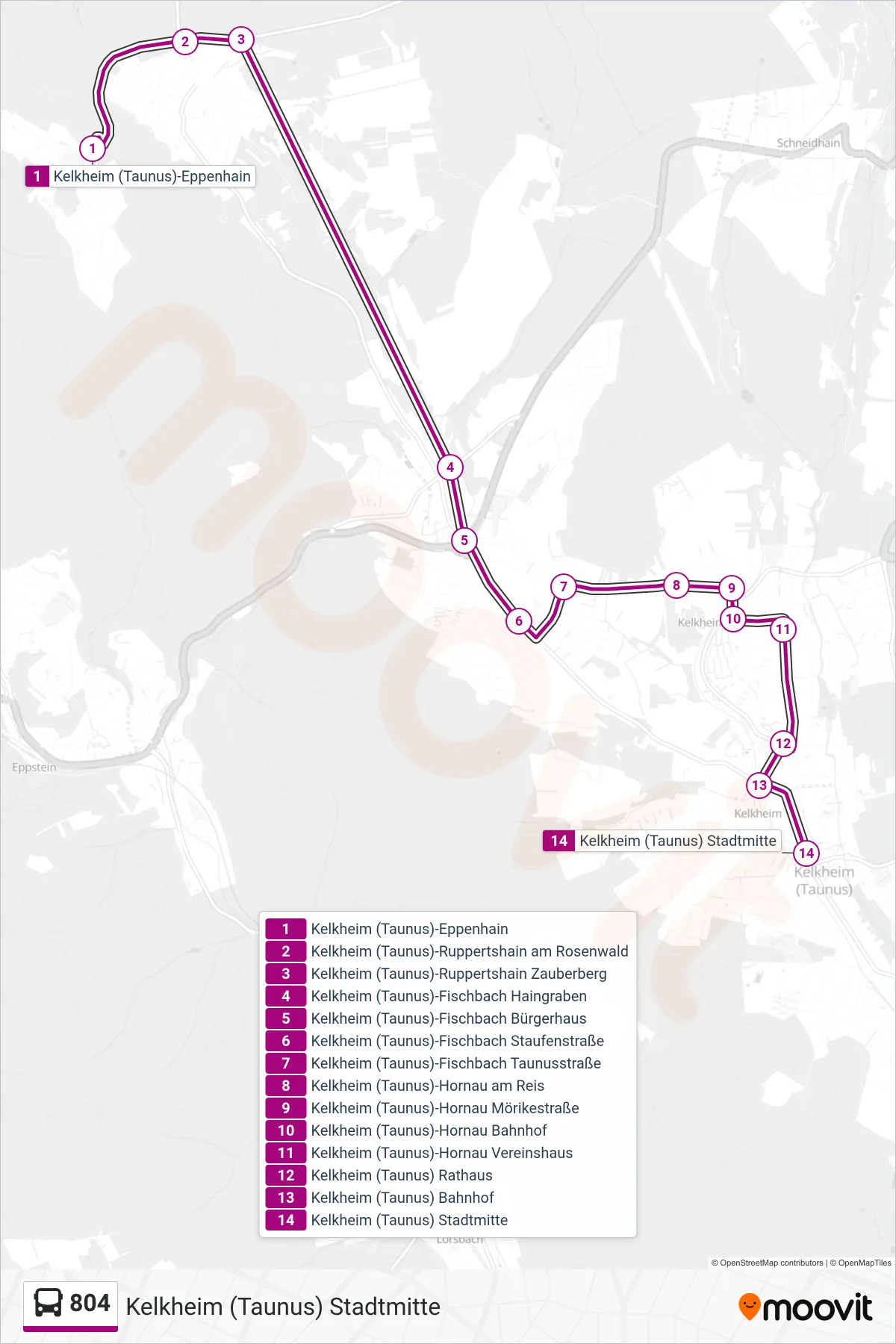 804 bus Line (Kelkheim (Taunus) Stadtmitte) route and stops on a map
