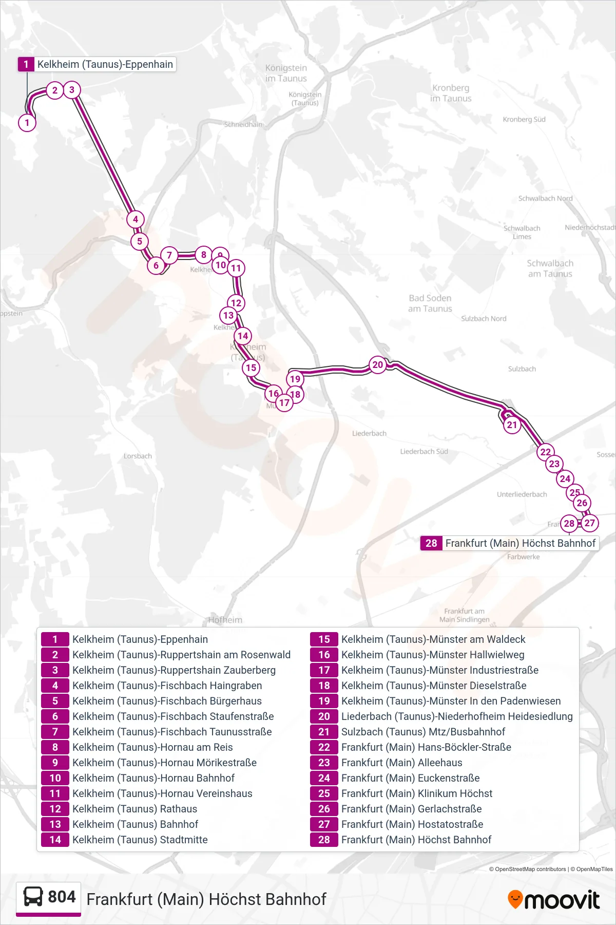 804 bus Line (Frankfurt (Main) Höchst Bahnhof) route and stops on a map