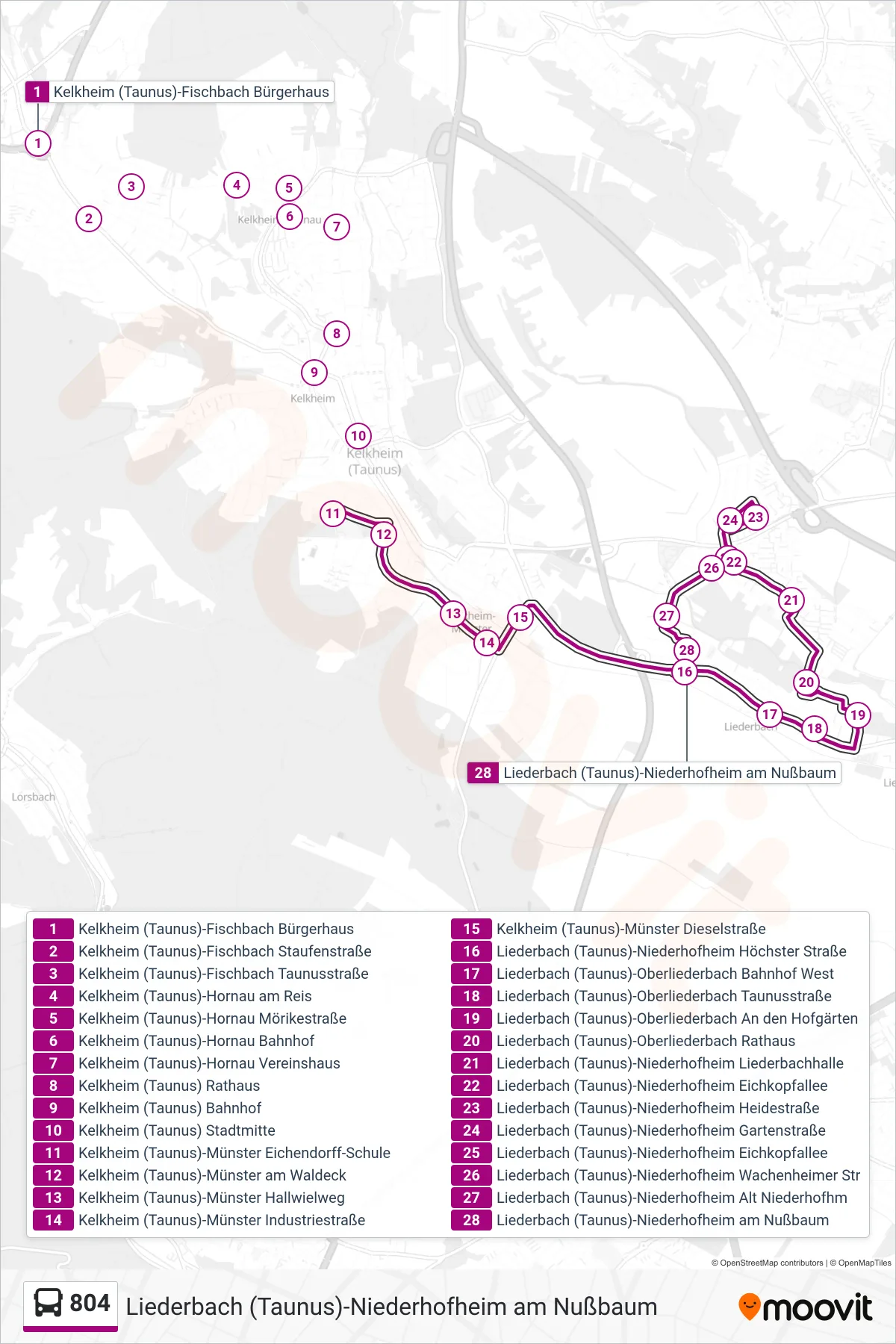 804 bus Line (Liederbach (Taunus)-Niederhofheim am Nußbaum) route and stops on a map