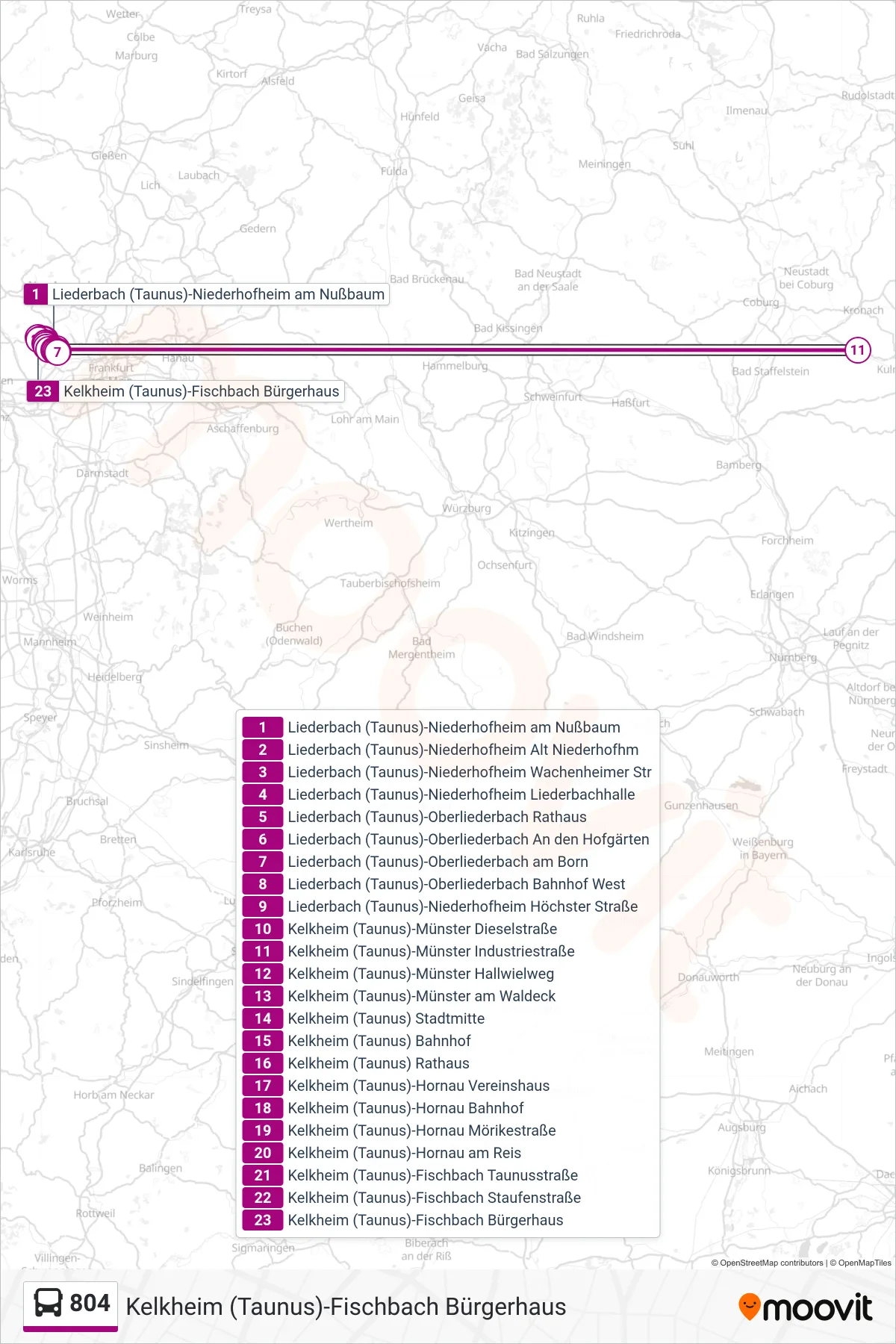 804 bus Line (Kelkheim (Taunus)-Fischbach Bürgerhaus) route and stops on a map
