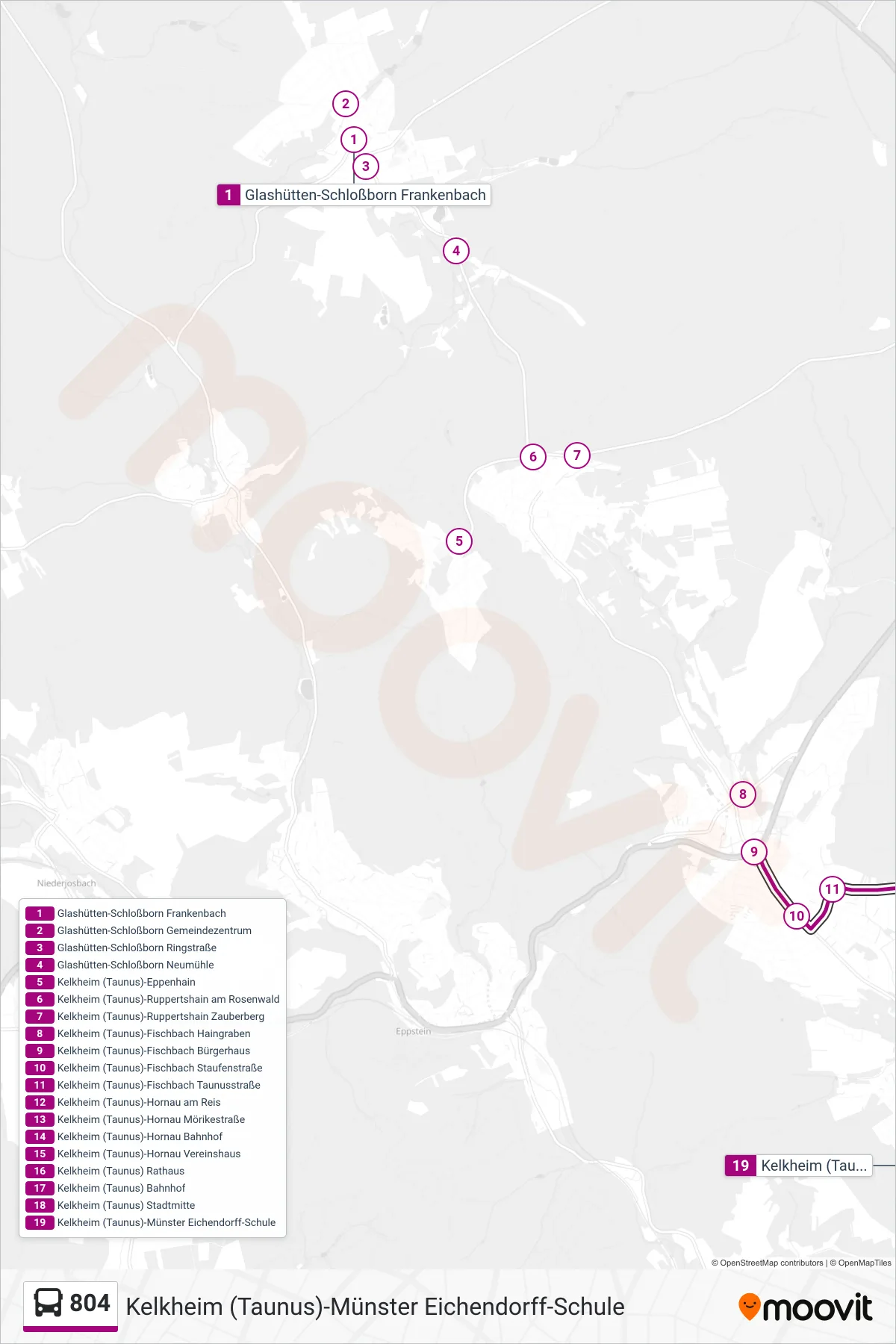 804 bus Line (Kelkheim (Taunus)-Münster Eichendorff-Schule) route and stops on a map
