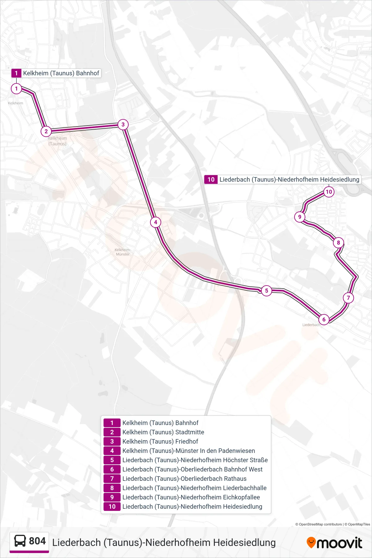 804 bus Line (Liederbach (Taunus)-Niederhofheim Heidesiedlung) route and stops on a map