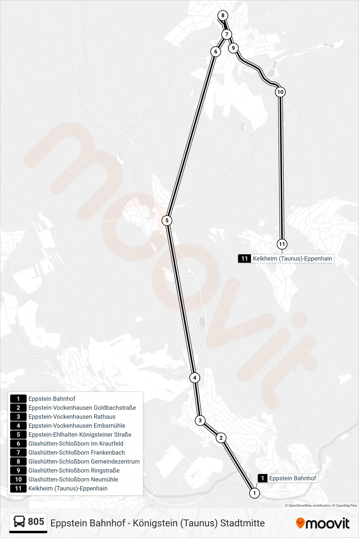 Linie 805 (Bus) Richtung Kelkheim (Taunus)-Eppenhain: Route und Haltestellen auf der Karte