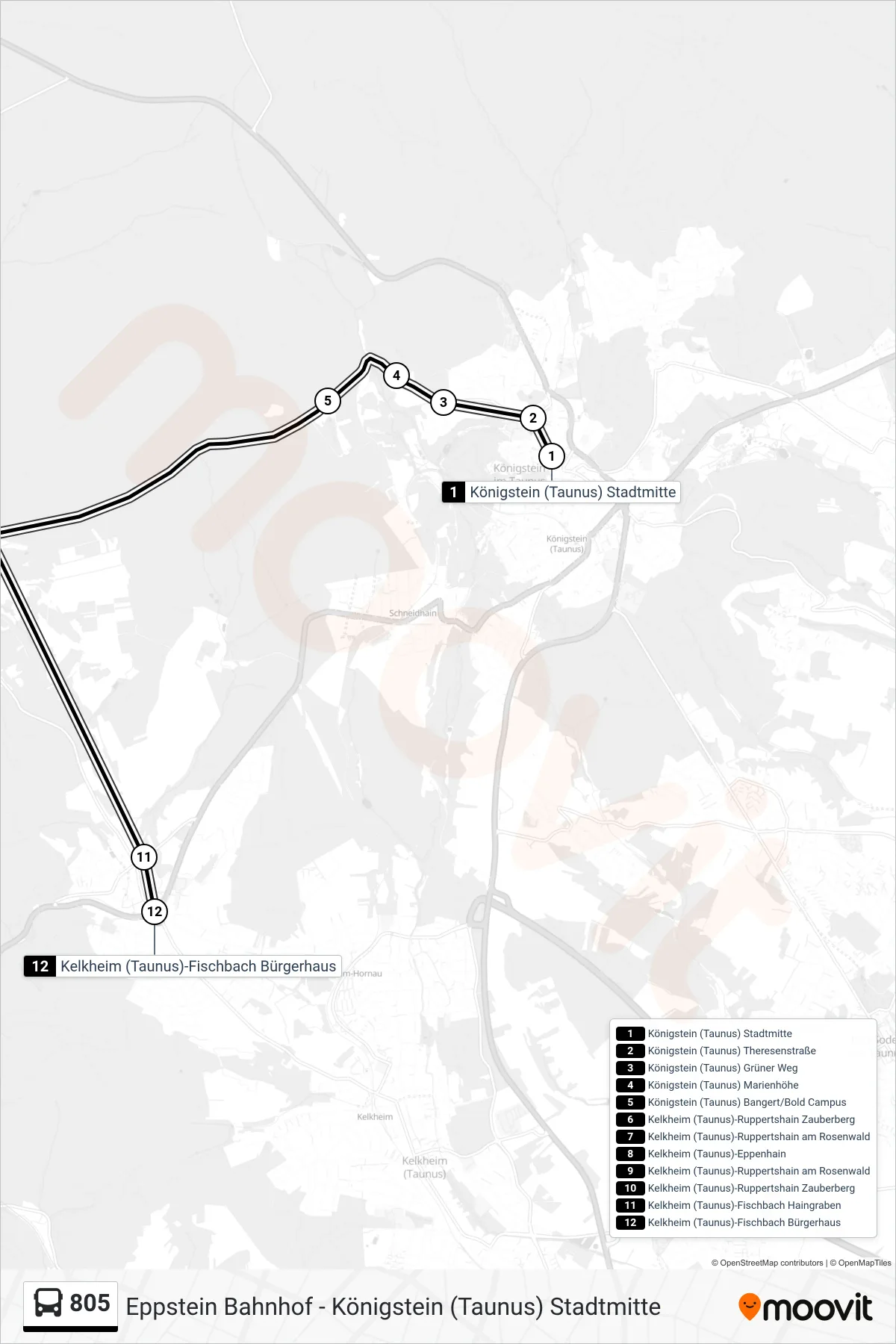 805 bus Line (Kelkheim (Taunus)-Fischbach Bürgerhaus) route and stops on a map