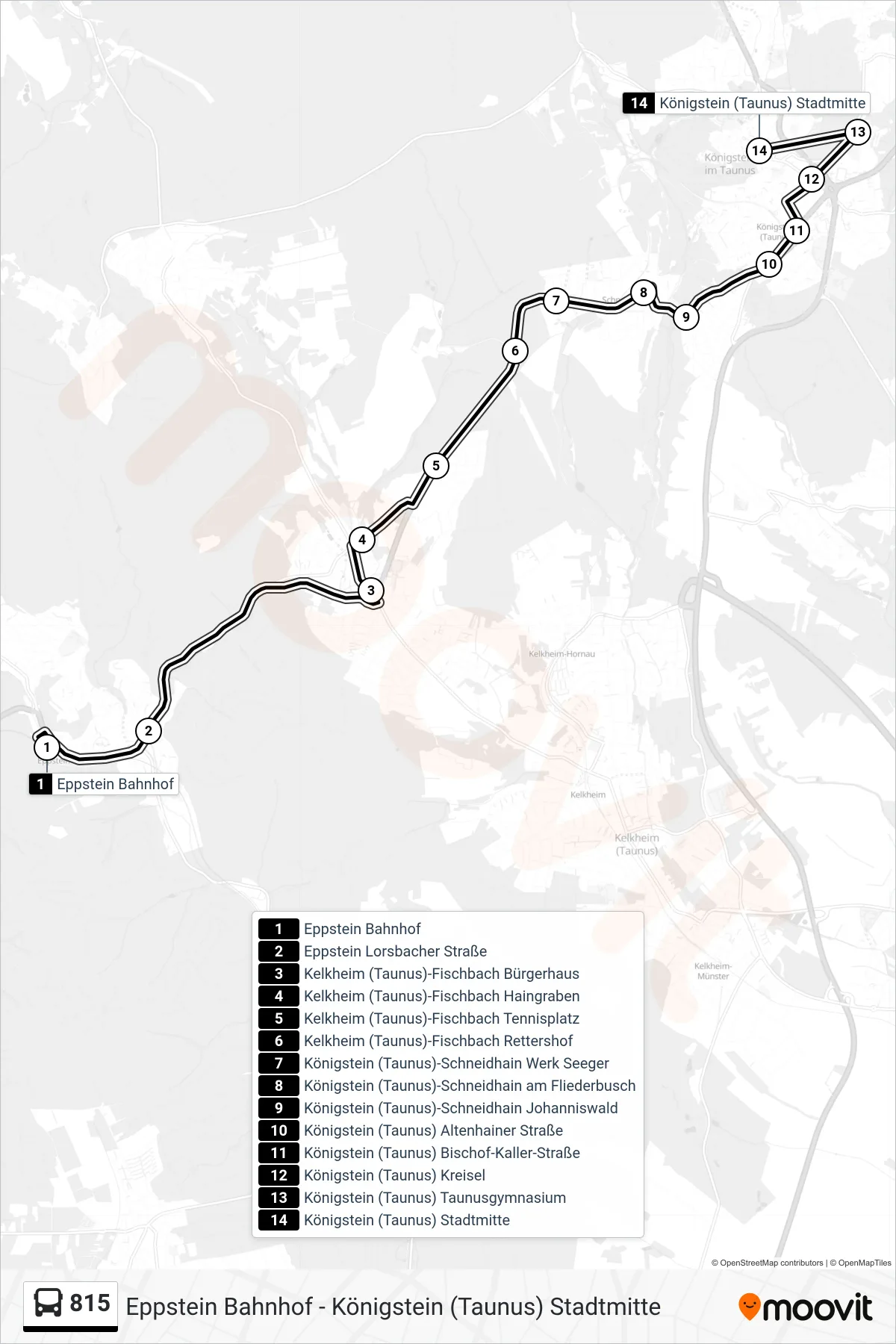 815 bus Line (Königstein (Taunus) Stadtmitte) route and stops on a map