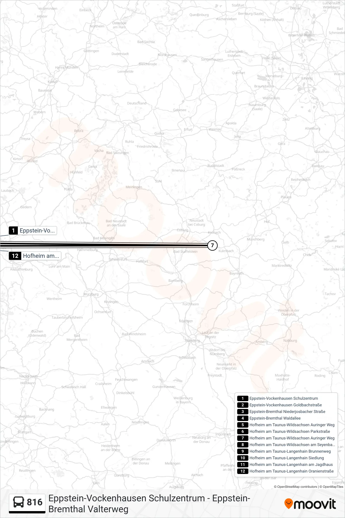 816 bus Line (Hofheim am Taunus-Langenhain Oranienstraße) route and stops on a map